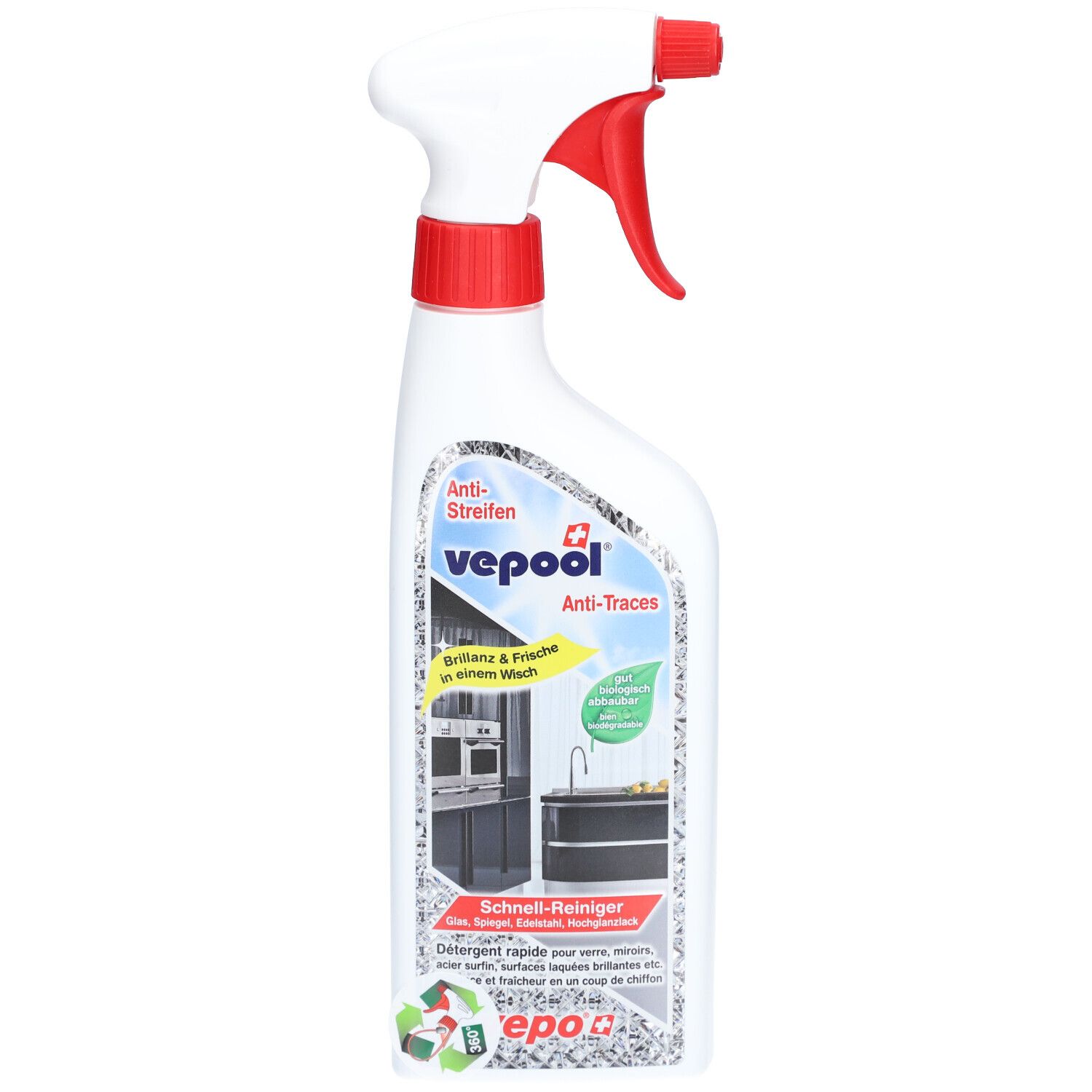 Weiße Sprühflasche mit rotem Sprühkopf. Aufkleber mit Produktname und Abbildung einer Küche. Text: Anti-Streifen.