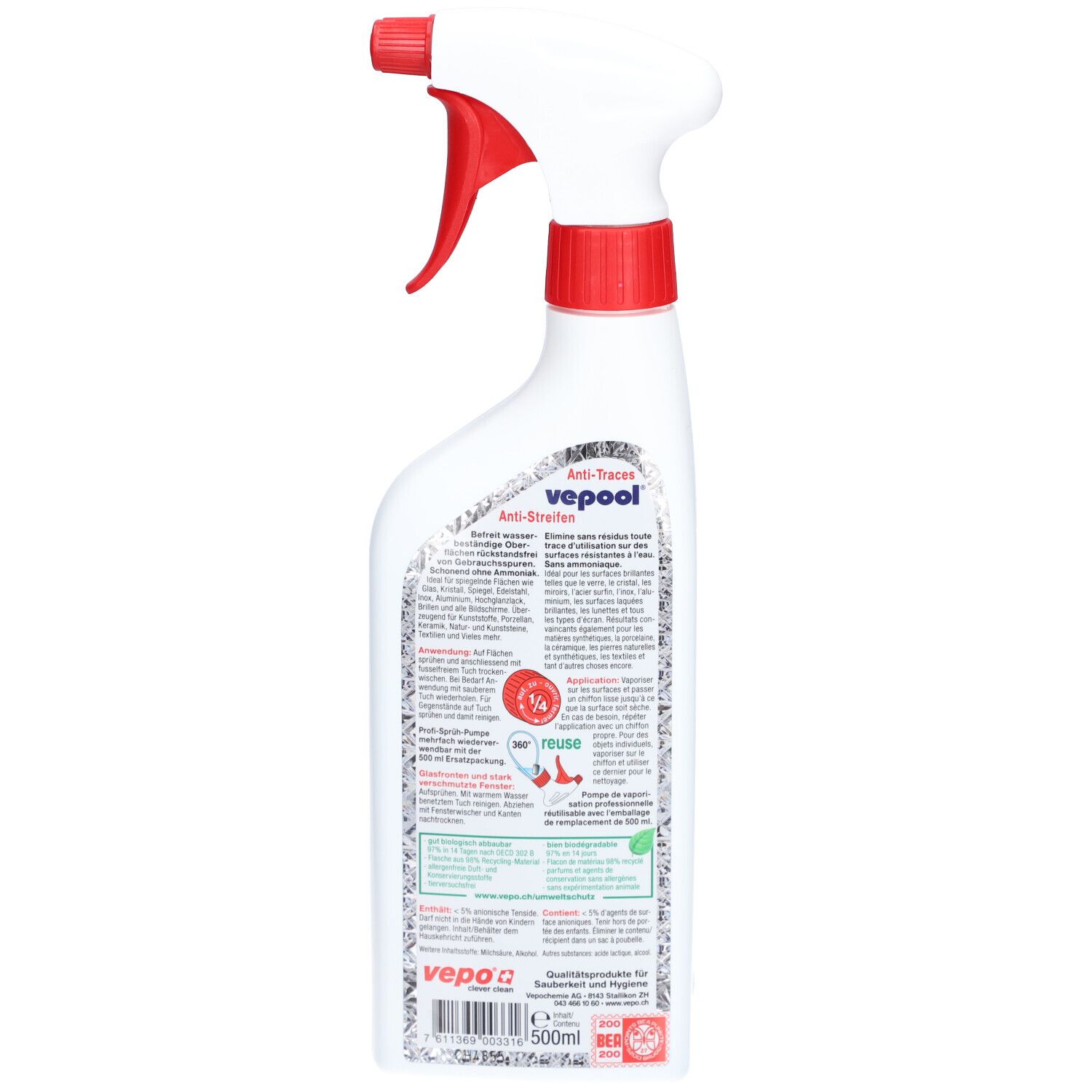 Rückseite der weißen Sprühflasche. Etikett mit Text und Piktogrammen. Produktname: vepool. Text: Anti-Streifen.
