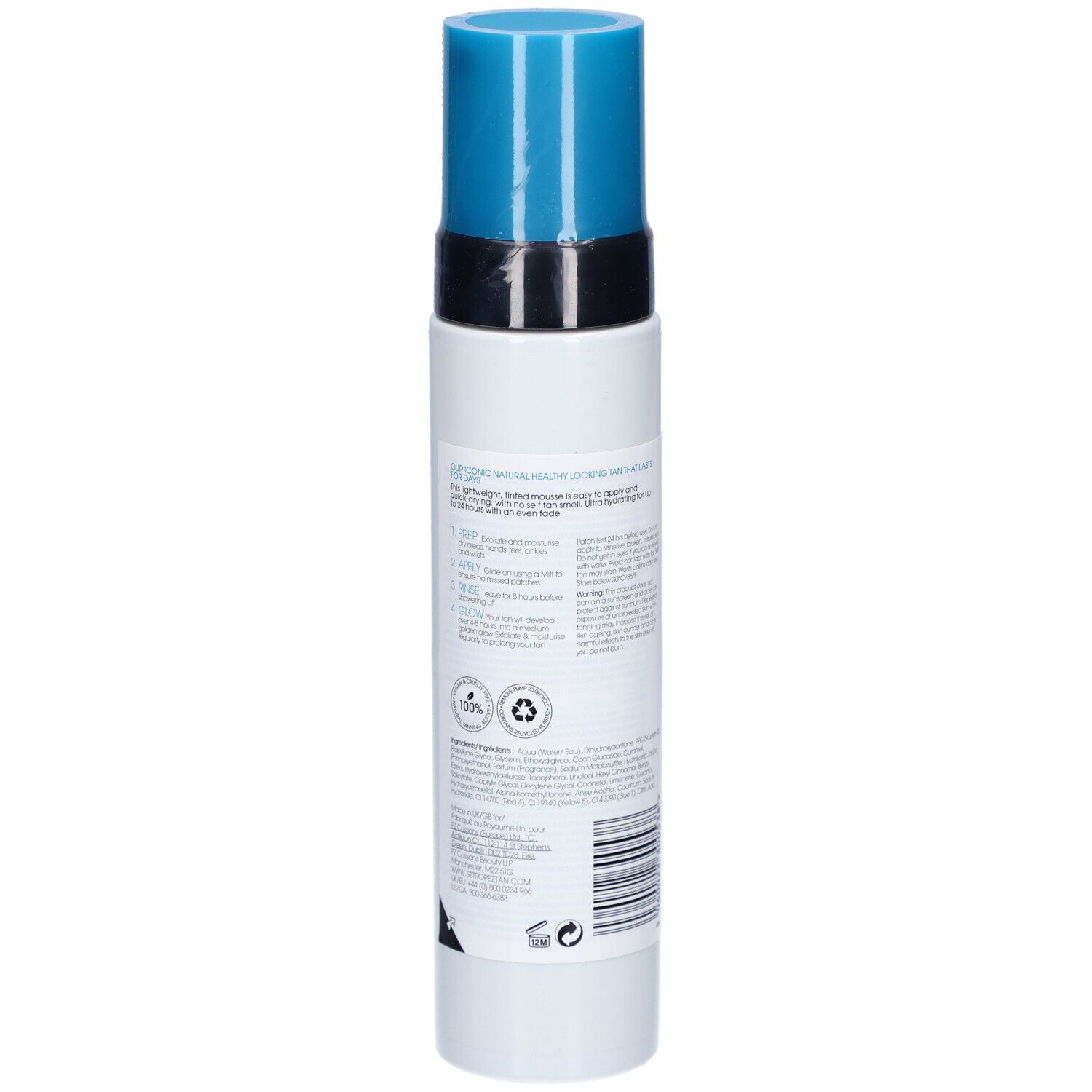 Weiße Flasche mit blauer Kappe. Text und Logos auf der Rückseite. Recycling-Symbol.