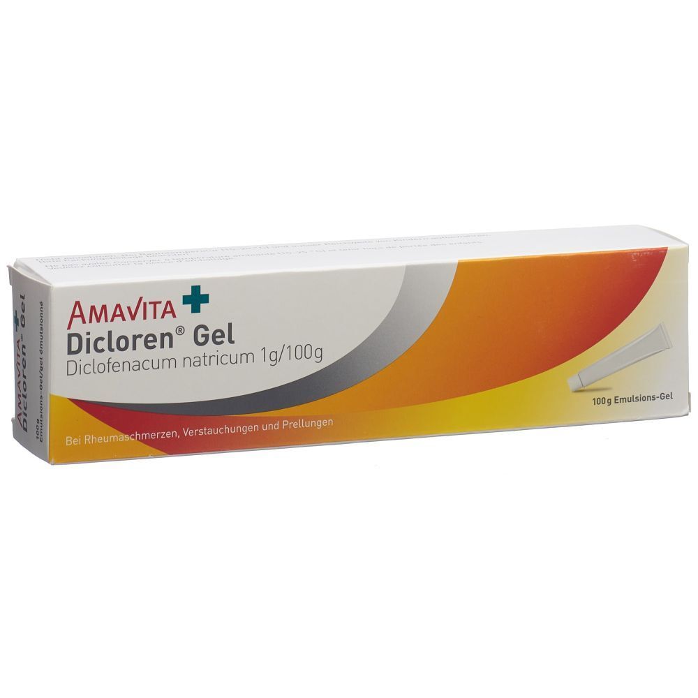Verpackung von Dicloren Gel. Weiß, orange und gelb. Text: AMAVITA, Dicloren Gel, Diclofenacum natricum 1g/100g. Bei Rheuma, Verstauchungen und Prellungen.