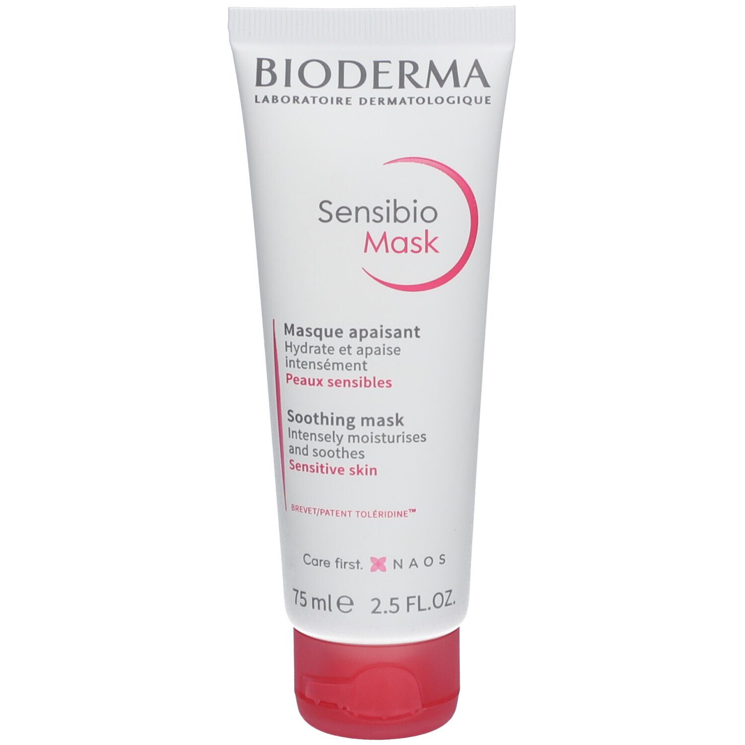 Tube blanc, bouchon rouge. BIODERMA Sensibio Mask, texte anglais et français. 75 ml.