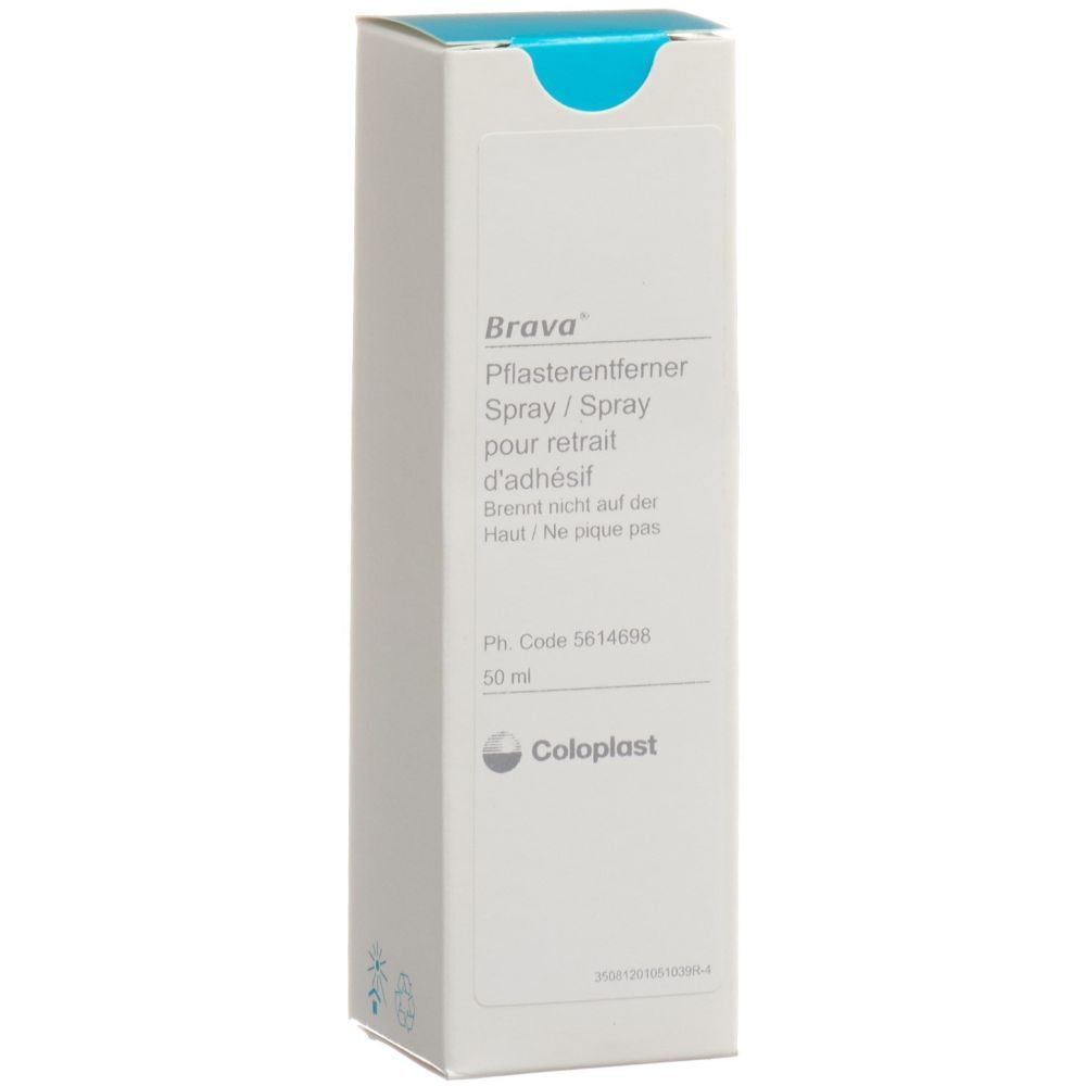 Brava Pflasterentferner Spray in weißer Verpackung. Produktname, Text in Deutsch, Französisch, Italienisch. Coloplast Logo.