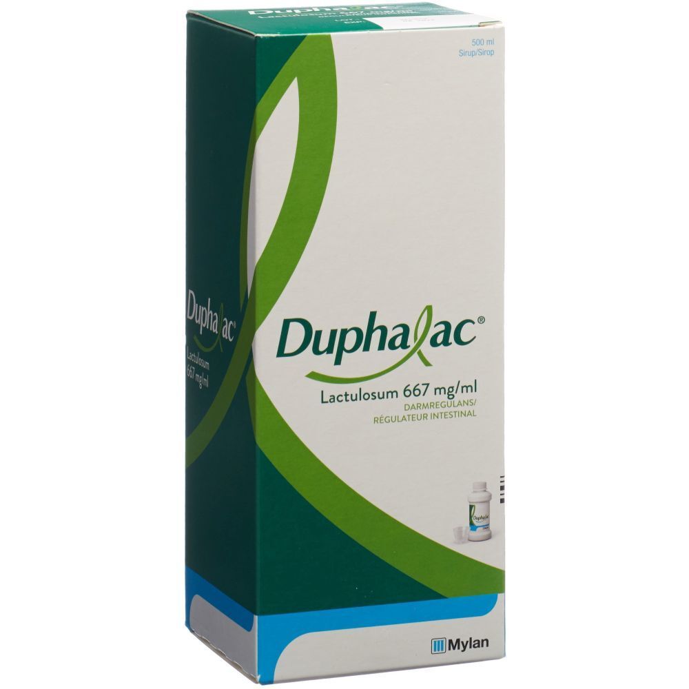 Boîte de sirop Duphalac. Inscription : Duphalac, Lactulosum 667 mg/ml. Flacon représenté. Marque Mylan.