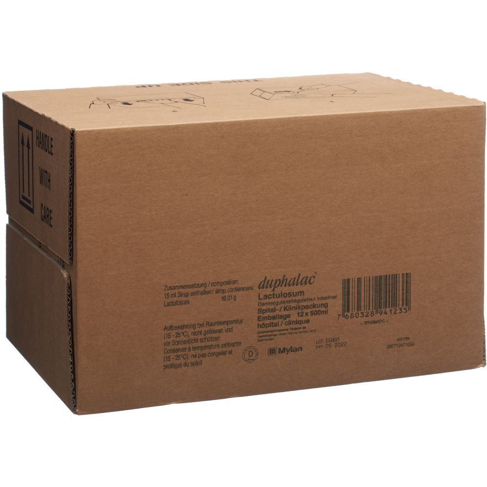 Braune Kartonverpackung mit Produktinformationen und Barcode. Aufschrift: duphalac Lactulosum. Hinweis: Vorsichtig behandeln.