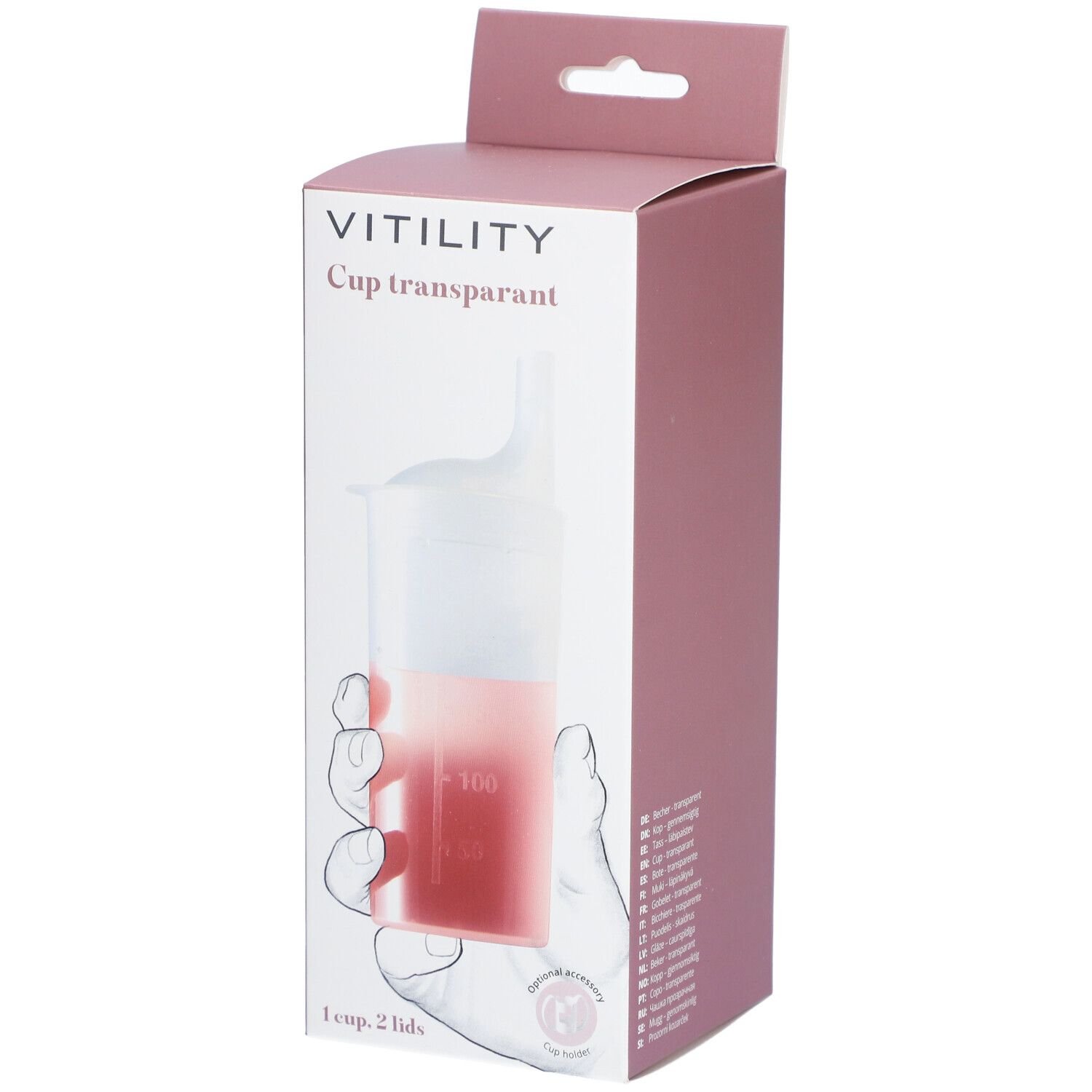 Emballage de gobelet transparent VITILITY. Gobelet avec couvercle, boîte rose avec illustration du produit.