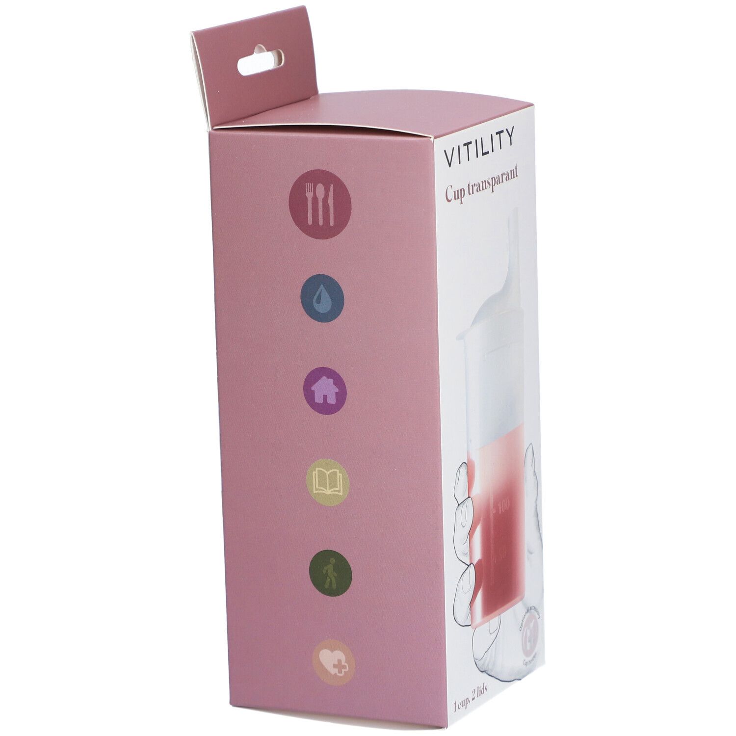 Emballage rose avec logo VITILITY et illustration du produit. Vue latérale avec symboles et nom du produit.