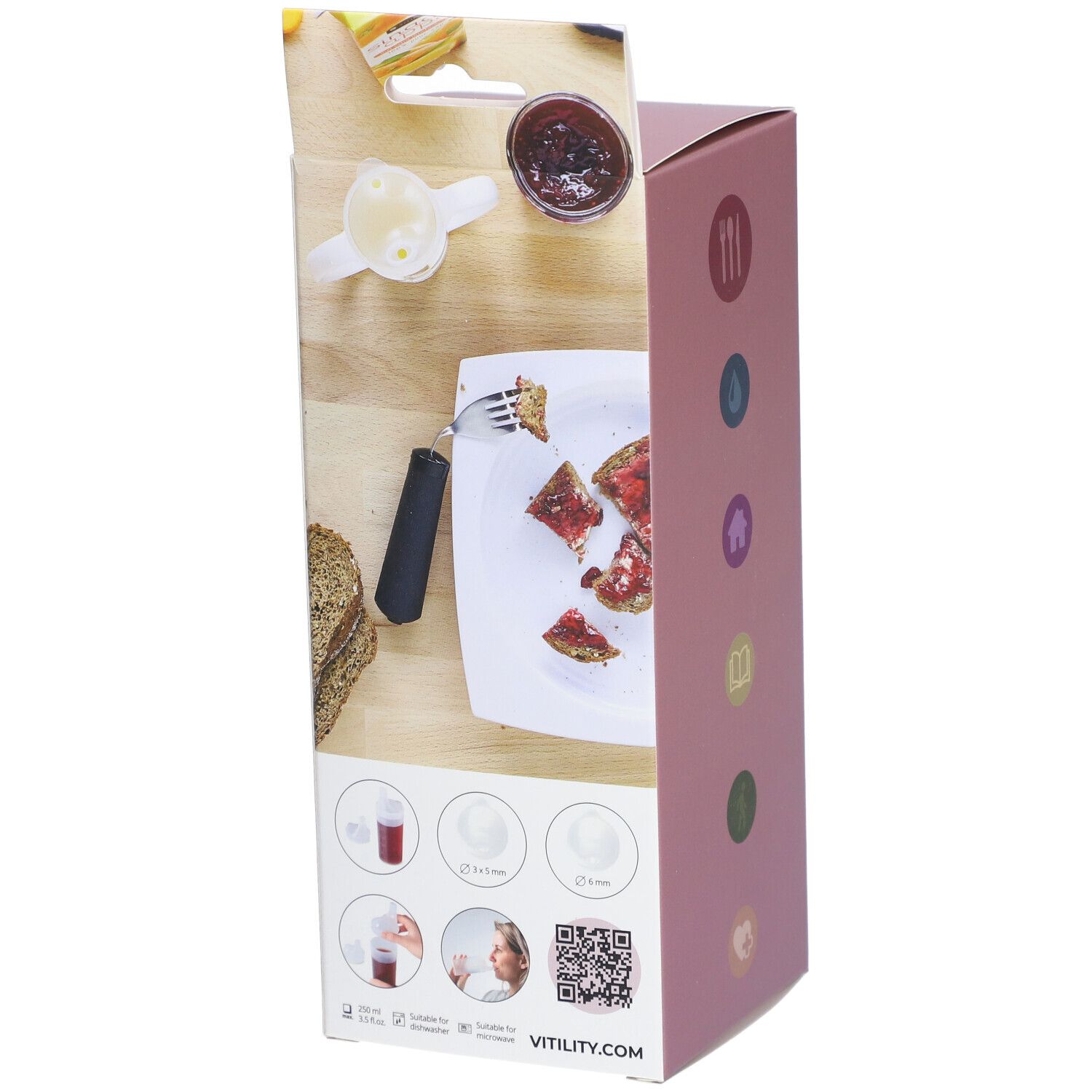 Emballage ouvert avec illustrations du produit. Gobelet, fourchette, pain, confiture. Boîte rose avec illustrations.
