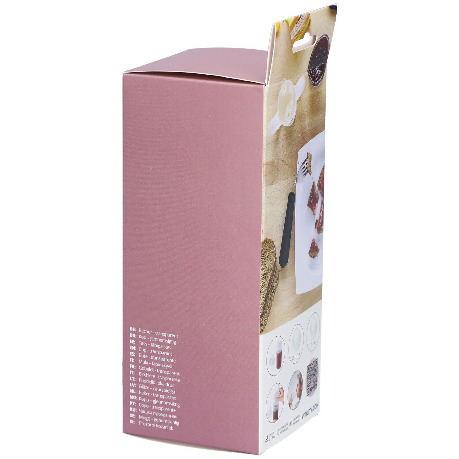 Emballage ouvert avec illustrations du produit. Boîte rose avec informations et code QR.