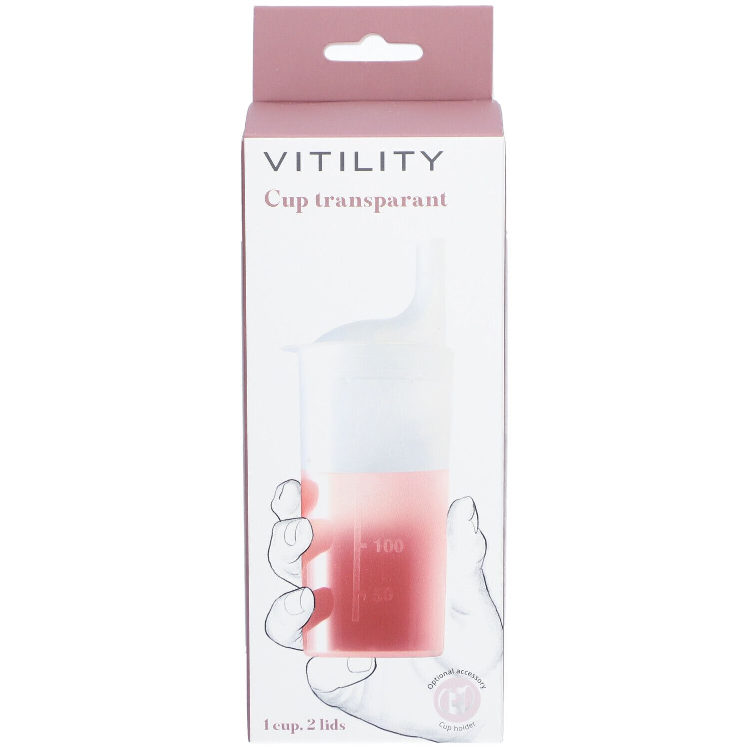 Emballage de gobelet transparent VITILITY. Gobelet avec couvercle, boîte rose avec illustration du produit.