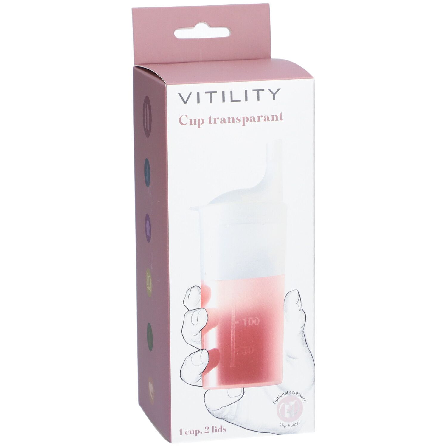 Emballage de gobelet transparent VITILITY. Gobelet avec couvercle, boîte rose avec illustration du produit.