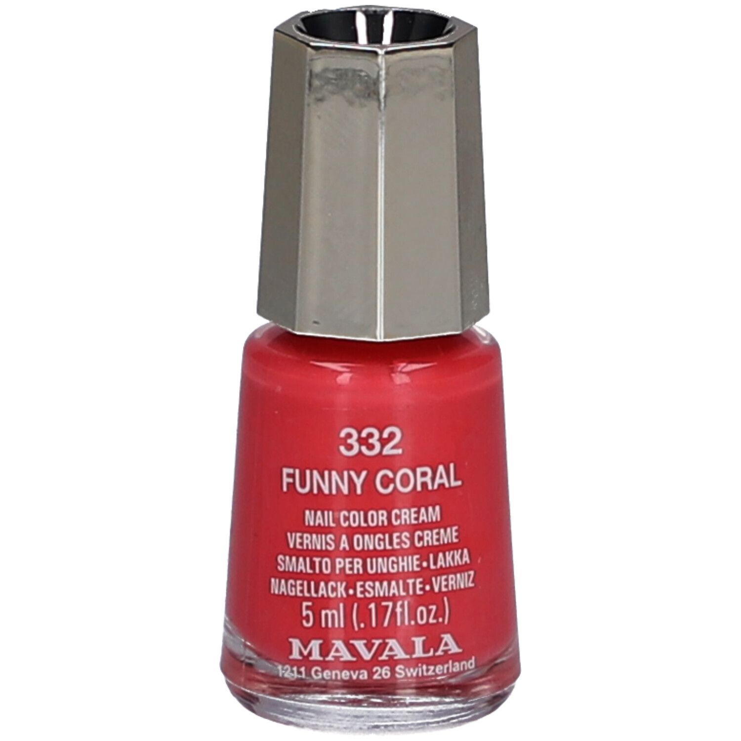Nagellackflasche, korallenfarben. Bezeichnung: 332 Funny Coral, Nail Color Cream, 5 ml. Marke: Mavala.