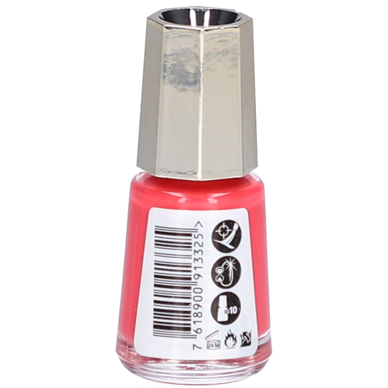 Nagellackflasche, korallenfarben. Rückseite mit Barcode und Symbolen. Marke: Mavala.