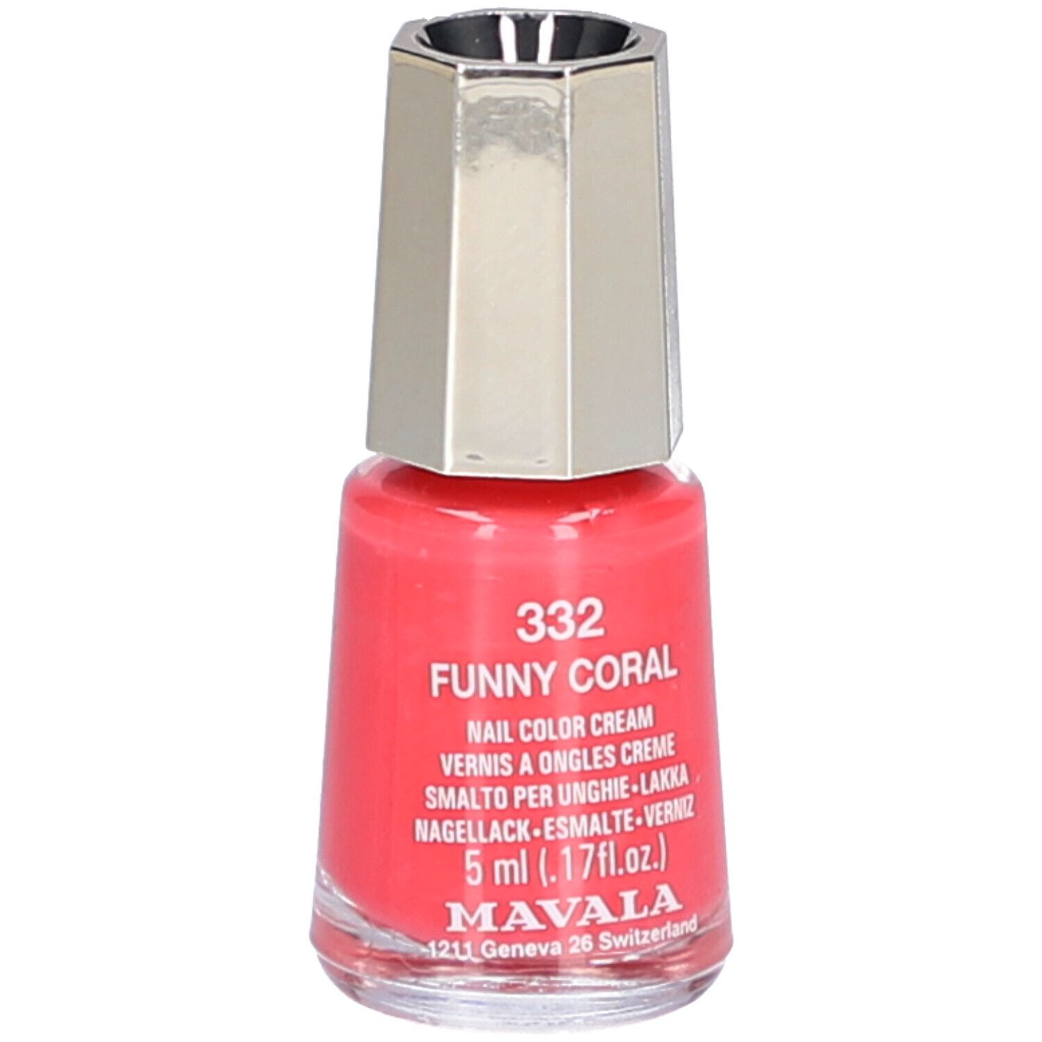 Nagellackflasche, korallenfarben. Bezeichnung: 332 Funny Coral, Nail Color Cream, 5 ml. Marke: Mavala.