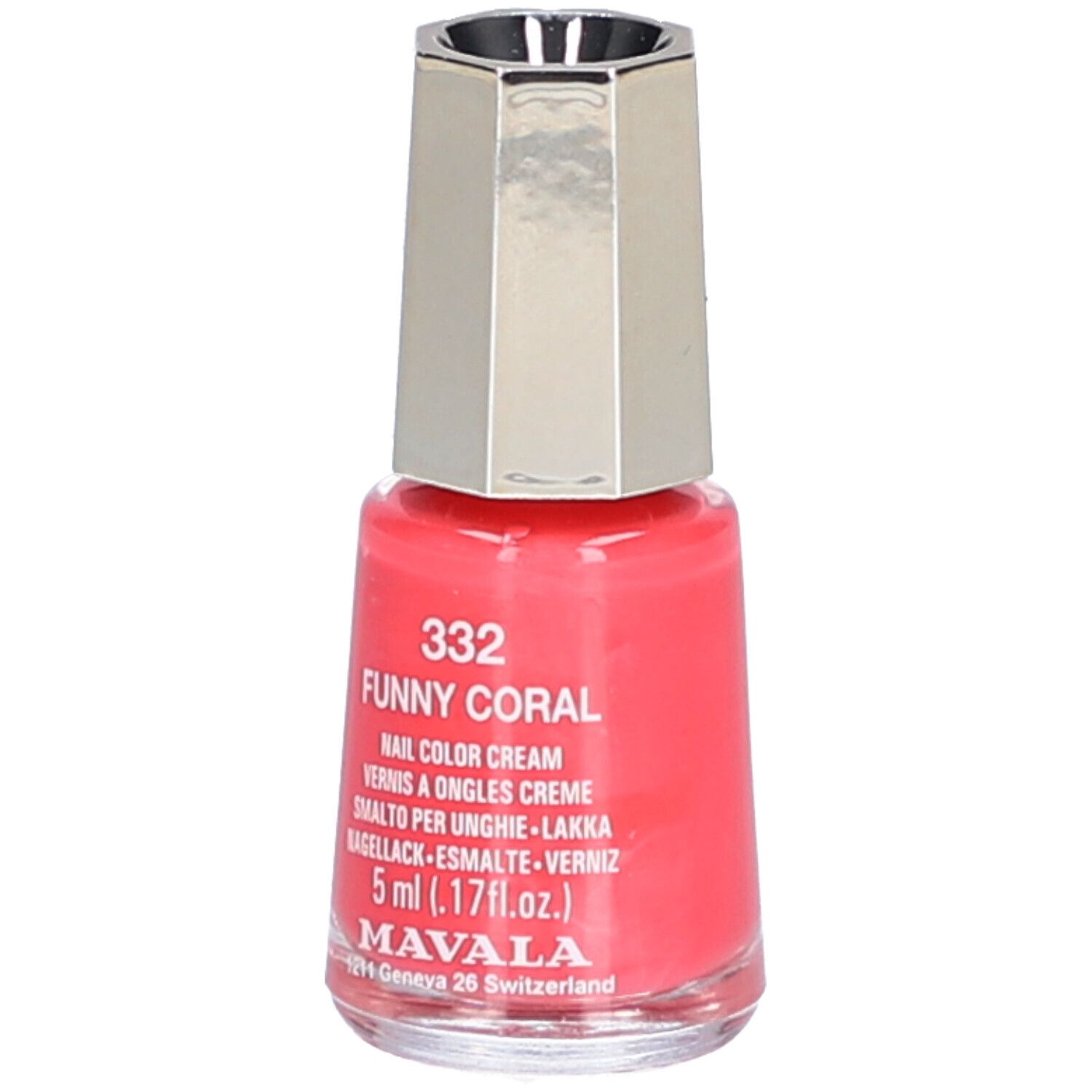 Nagellackflasche, korallenfarben. Bezeichnung: 332 Funny Coral, Nail Color Cream, 5 ml. Marke: Mavala.