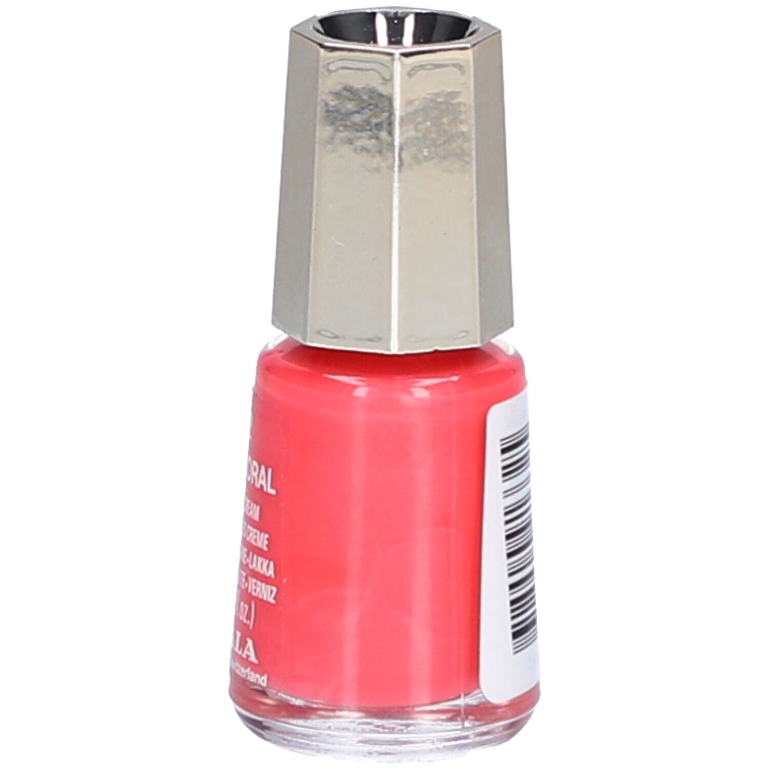 Nagellackflasche, korallenfarben. Bezeichnung: 332 Funny Coral, Nail Color Cream, 5 ml. Marke: Mavala.
