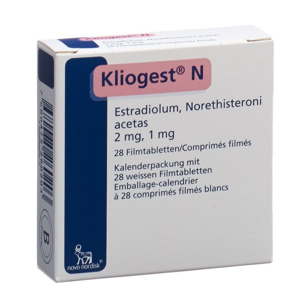 Karton von Kliogest N. Enthält 28 Filmtabletten. Aufschrift: Estradiolum, Norethisteroni acetas, 2 mg, 1 mg. Logo von Novo Nordisk.