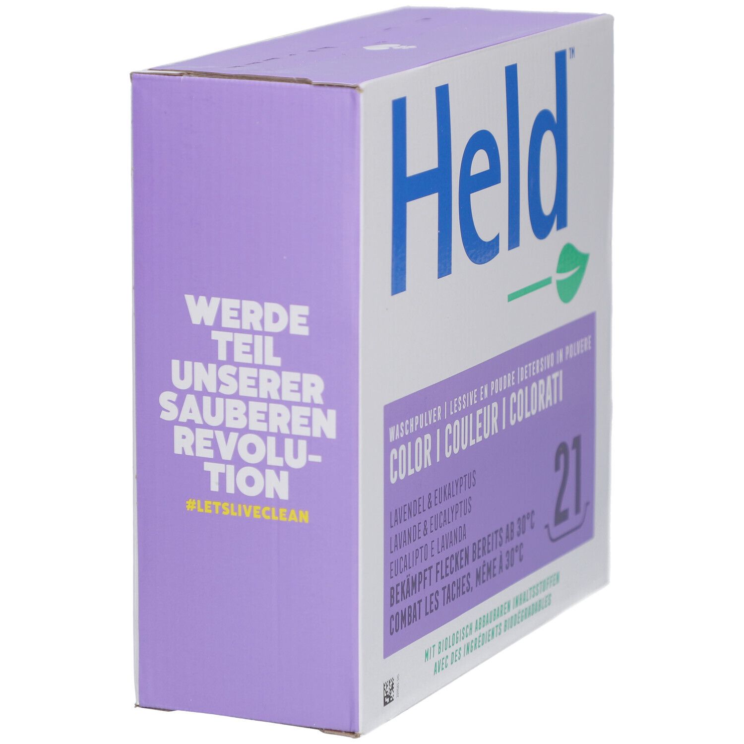 HELD Waschpulver Farbe Lavendel & Eukalyptus, Seite mit "Werde Teil unserer sauberen Revolution".