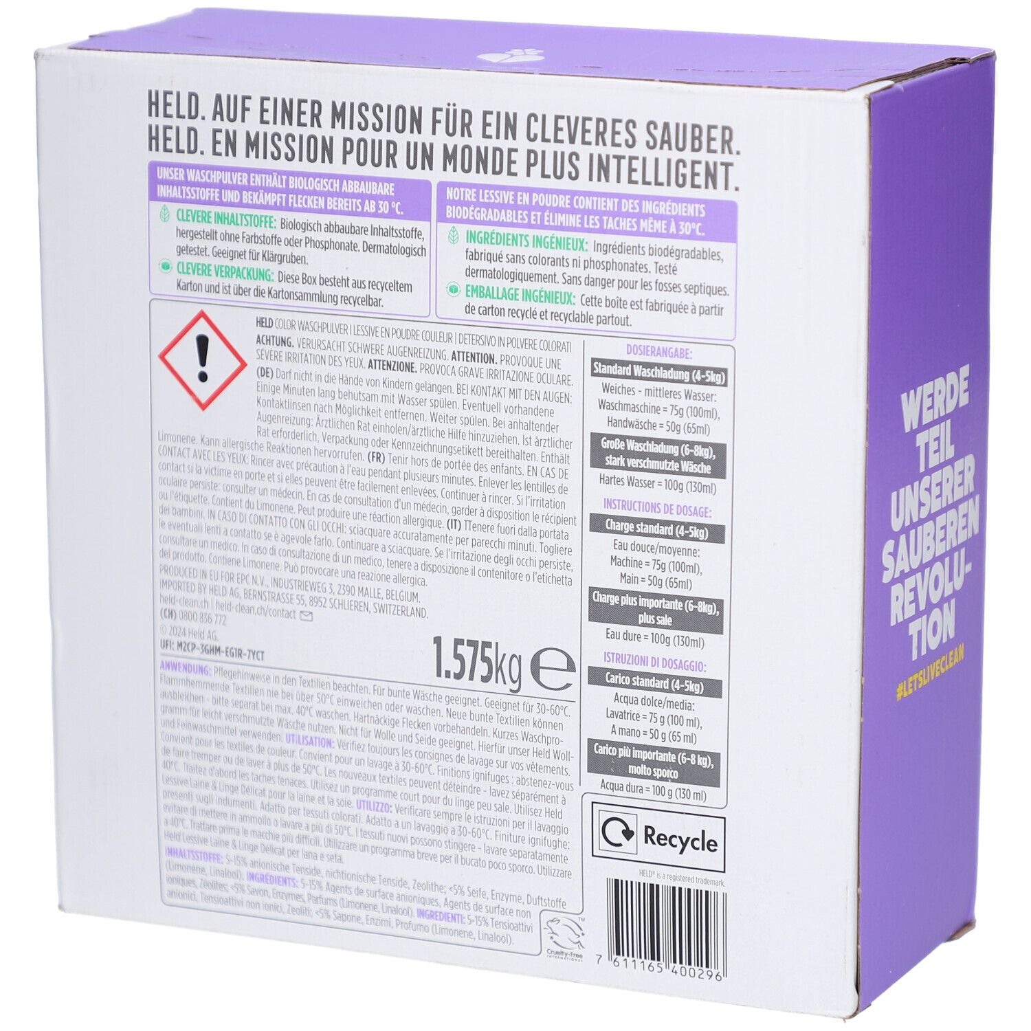 Rückseite HELD Waschpulver Farbe Lavendel & Eukalyptus, 1.575kg, mit biologisch abbaubaren Inhaltsstoffen.