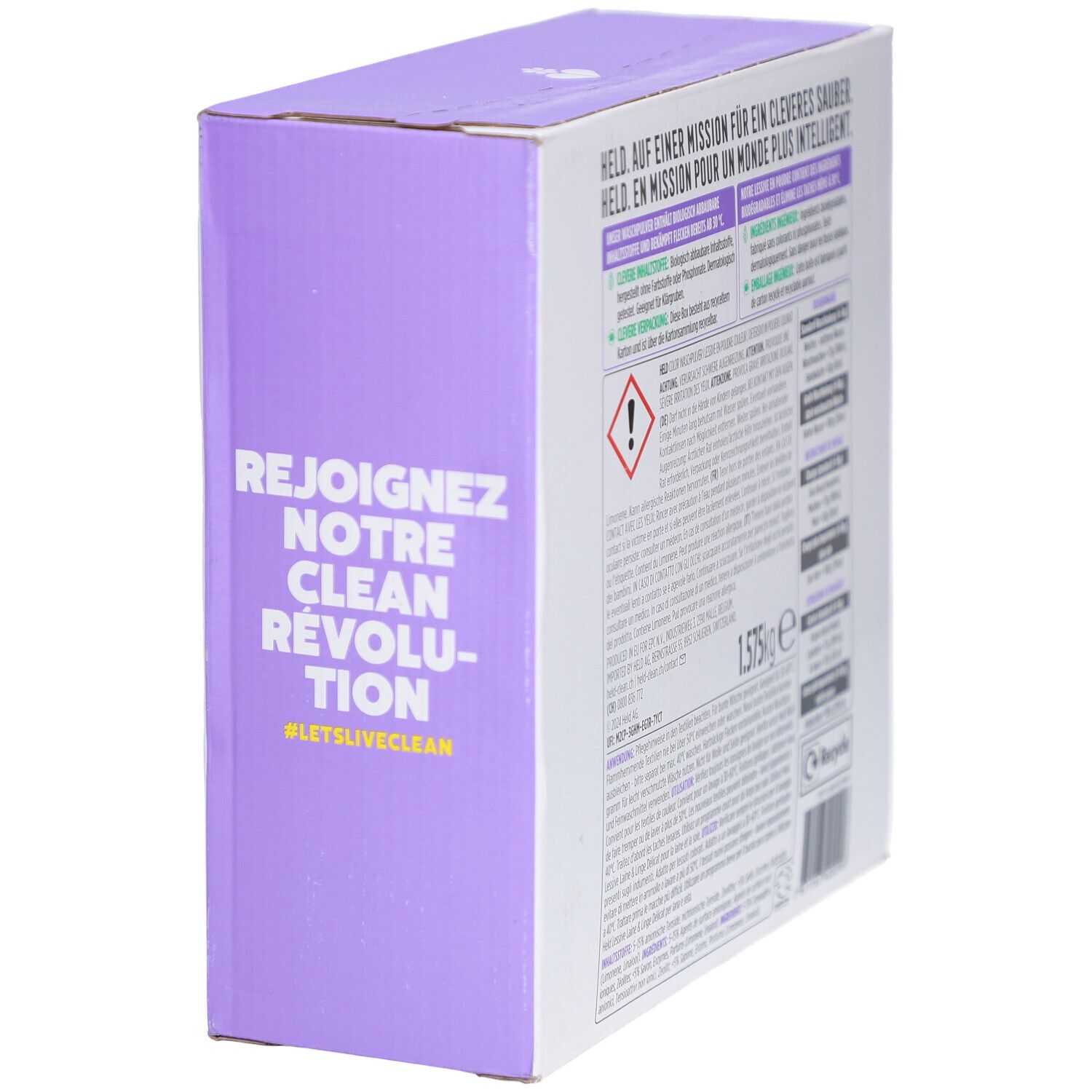 Seite HELD Waschpulver Farbe Lavendel & Eukalyptus, "Rejoignez notre clean révolution".