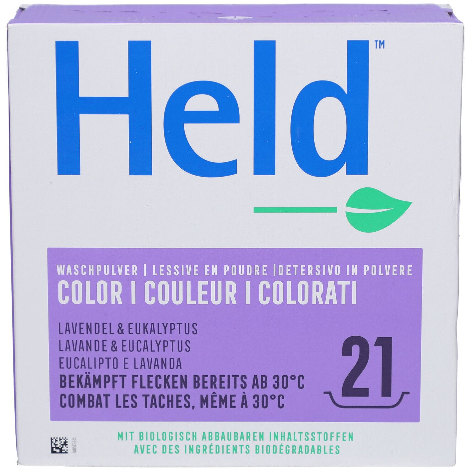 Vorderseite HELD Waschpulver Farbe Lavendel & Eukalyptus, 21 Waschladungen, bekämpft Flecken ab 30°C.