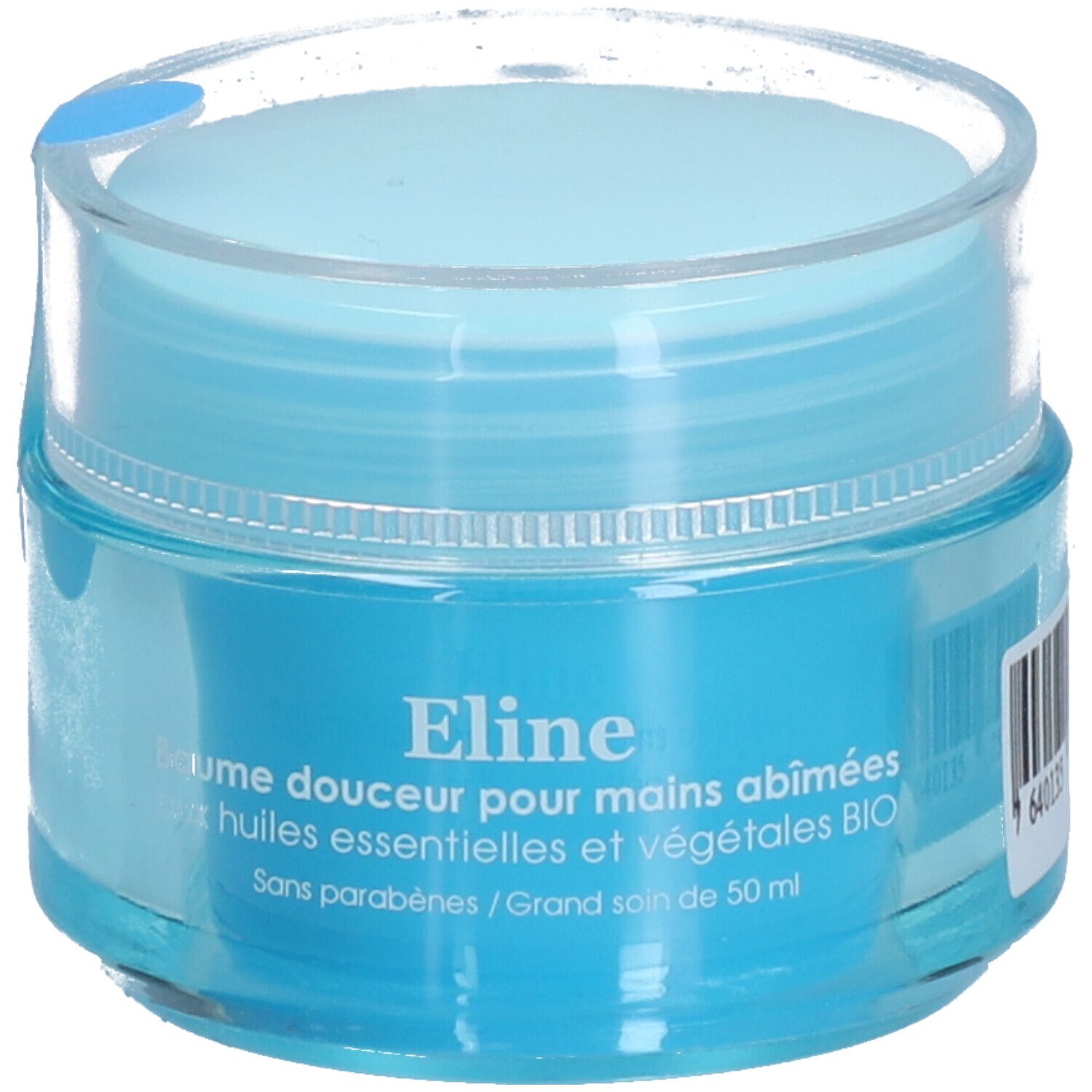 Hellblaues Tiegel mit transparentem Deckel. Aufschrift: Eline, Balsam für geschädigte Hände. Ohne Parabene.