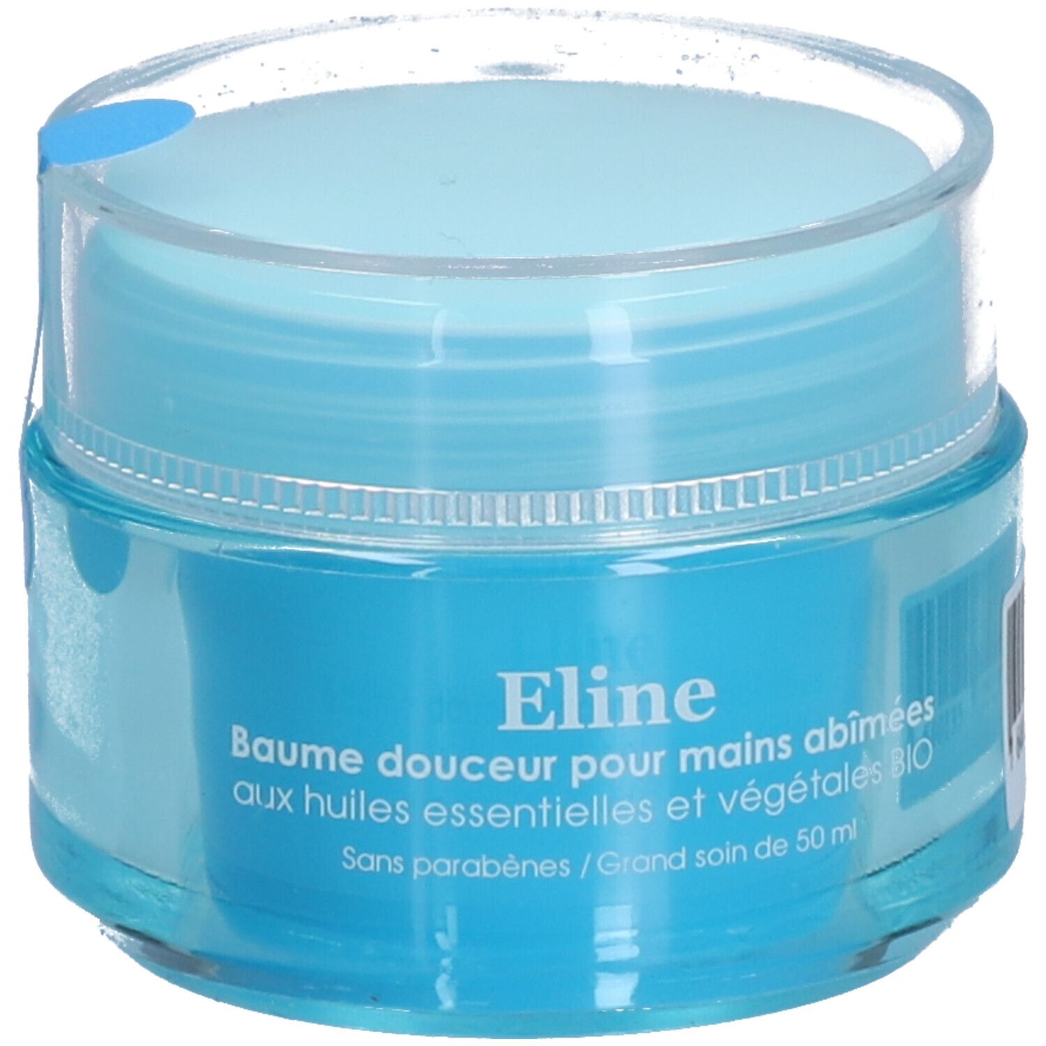 Hellblaues Tiegel mit transparentem Deckel. Aufschrift: Eline, Balsam für geschädigte Hände. Ohne Parabene.