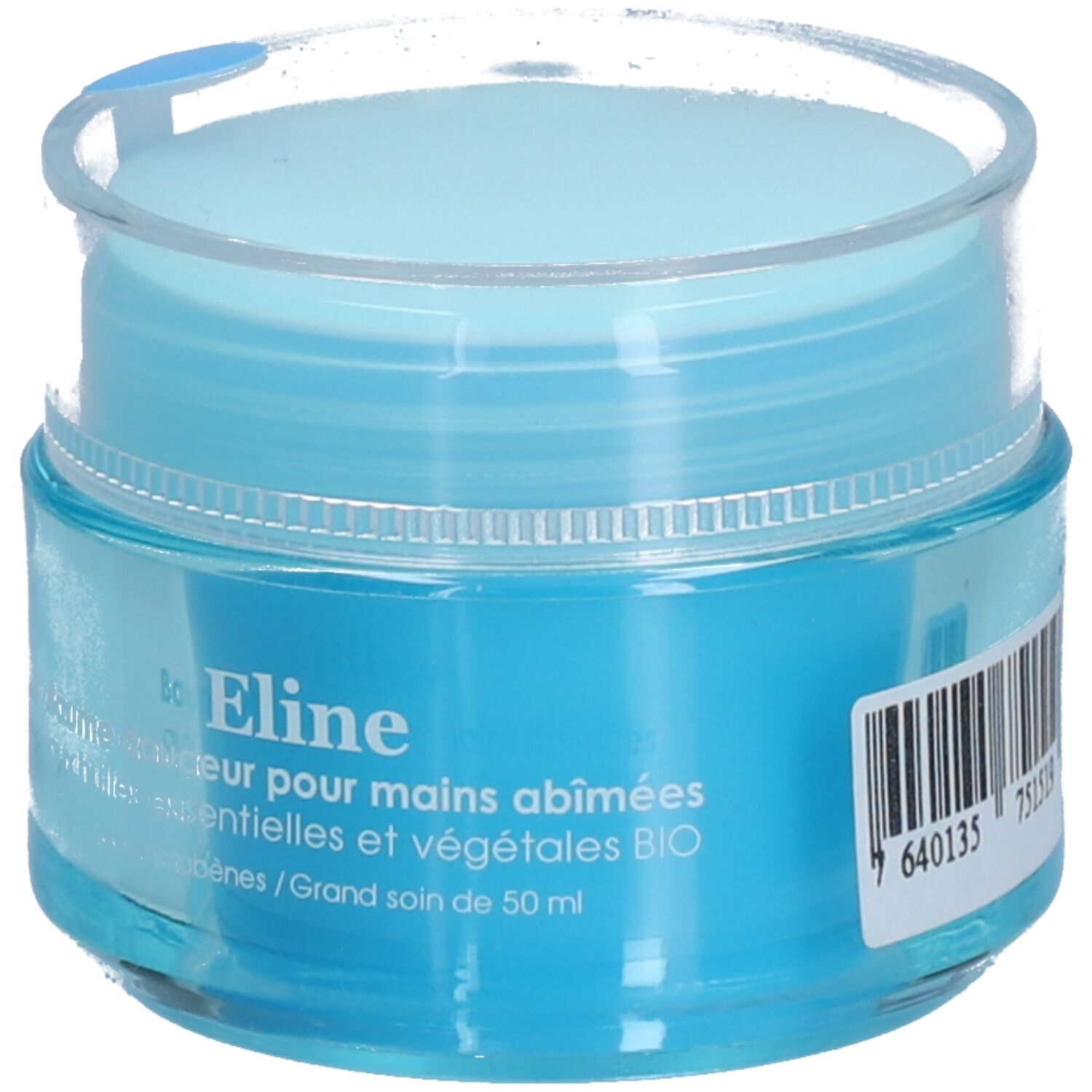 Hellblaues Tiegel mit transparentem Deckel. Aufschrift: Eline, Balsam für geschädigte Hände. Mit Barcode.