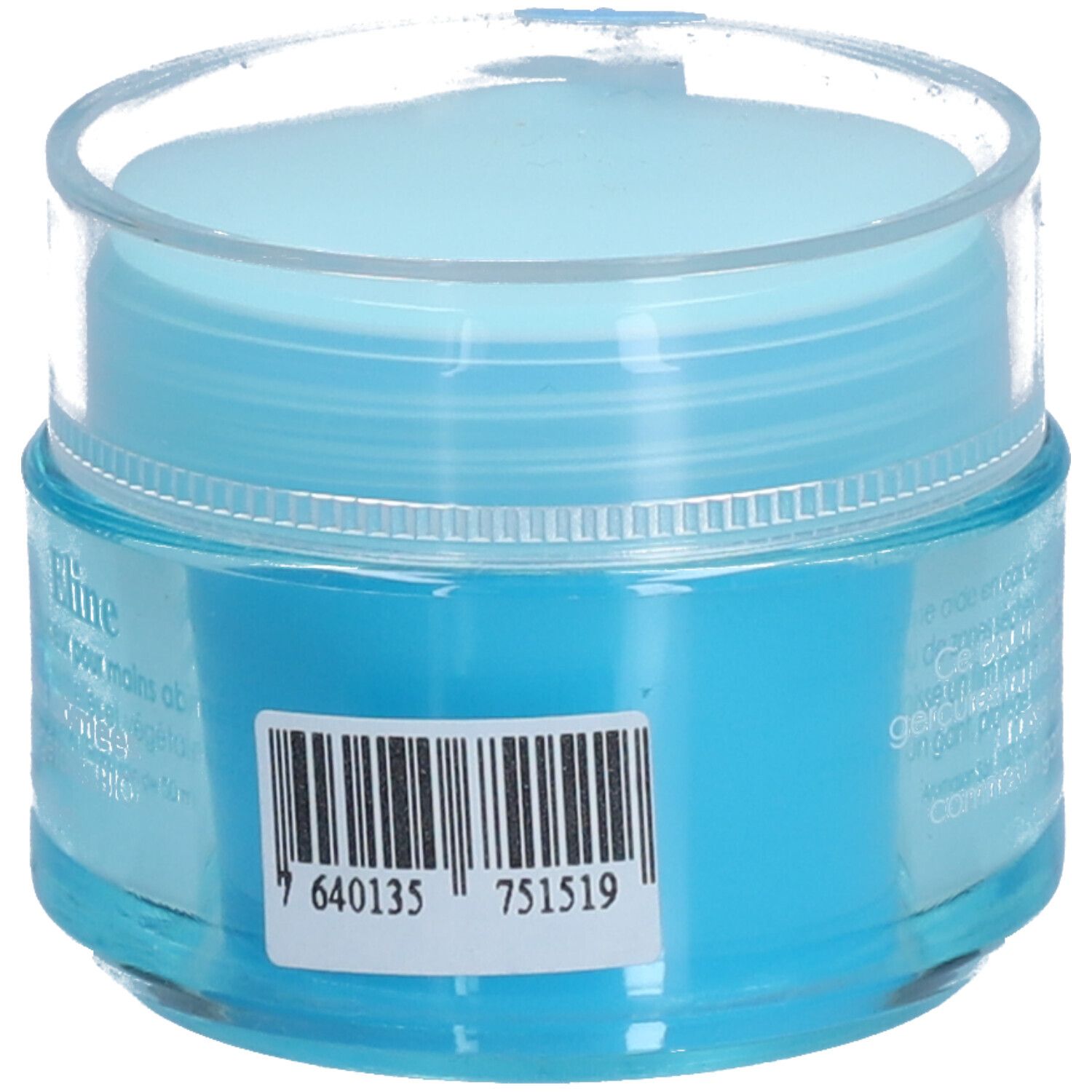 Hellblaues Tiegel mit transparentem Deckel. Barcode und weitere Informationen auf der Rückseite.