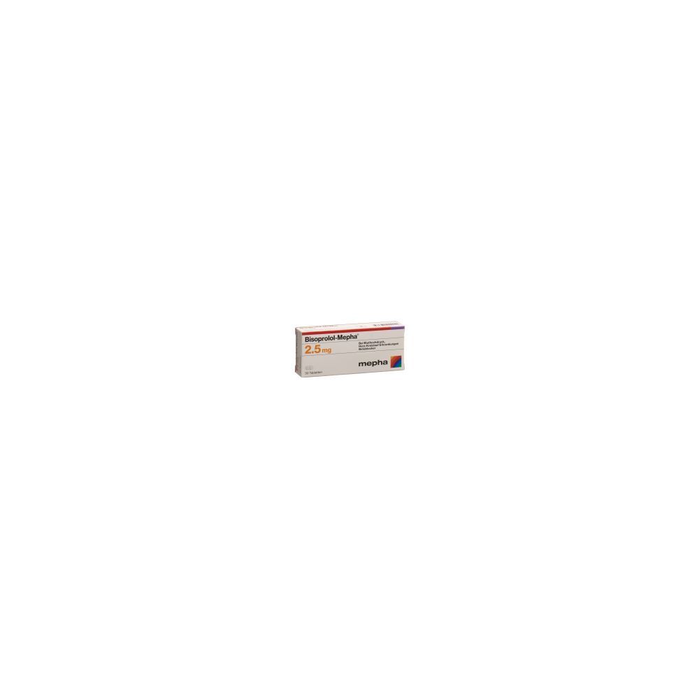 Boîte de médicaments. Inscription: Bisoprolol Mepha 2,5 mg. Logo du fabricant.