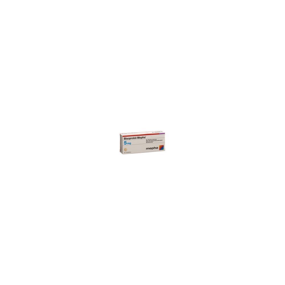 Boîte de comprimés. Inscription: Bisoprolol Mepha 5 mg. Marque: mepha.
