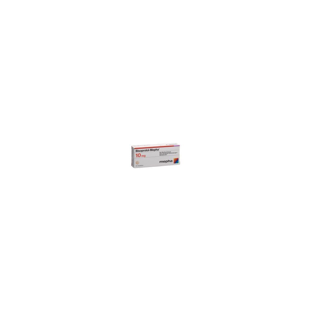 Boîte de comprimés "Bisoprolol Mepha 10 mg". Boîte blanche avec texte rouge et bleu. Logo "mepha" en bas.