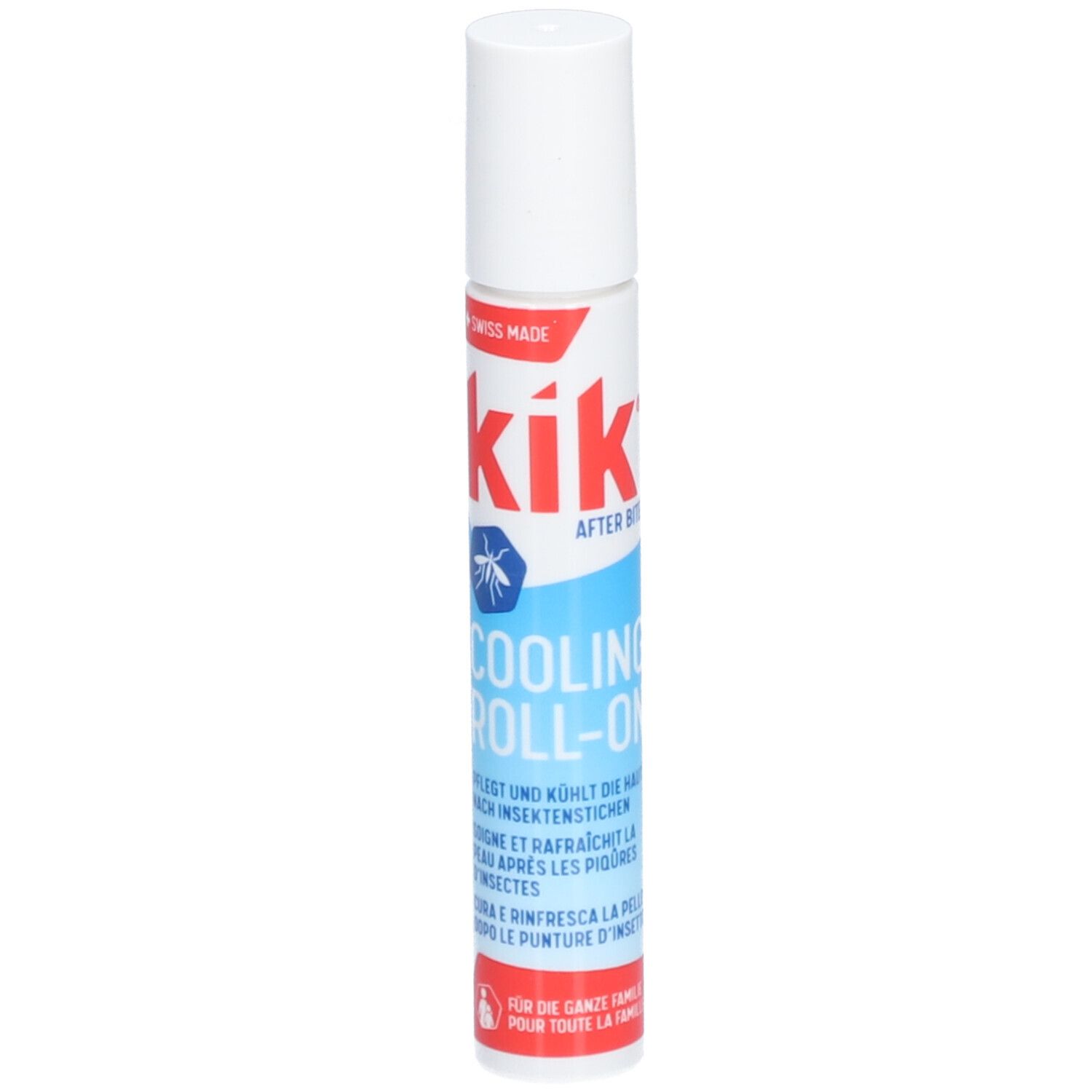 Weißer Roll-on-Behälter mit roter und blauer Beschriftung. Text: After Bite, Cooling Roll-on.
