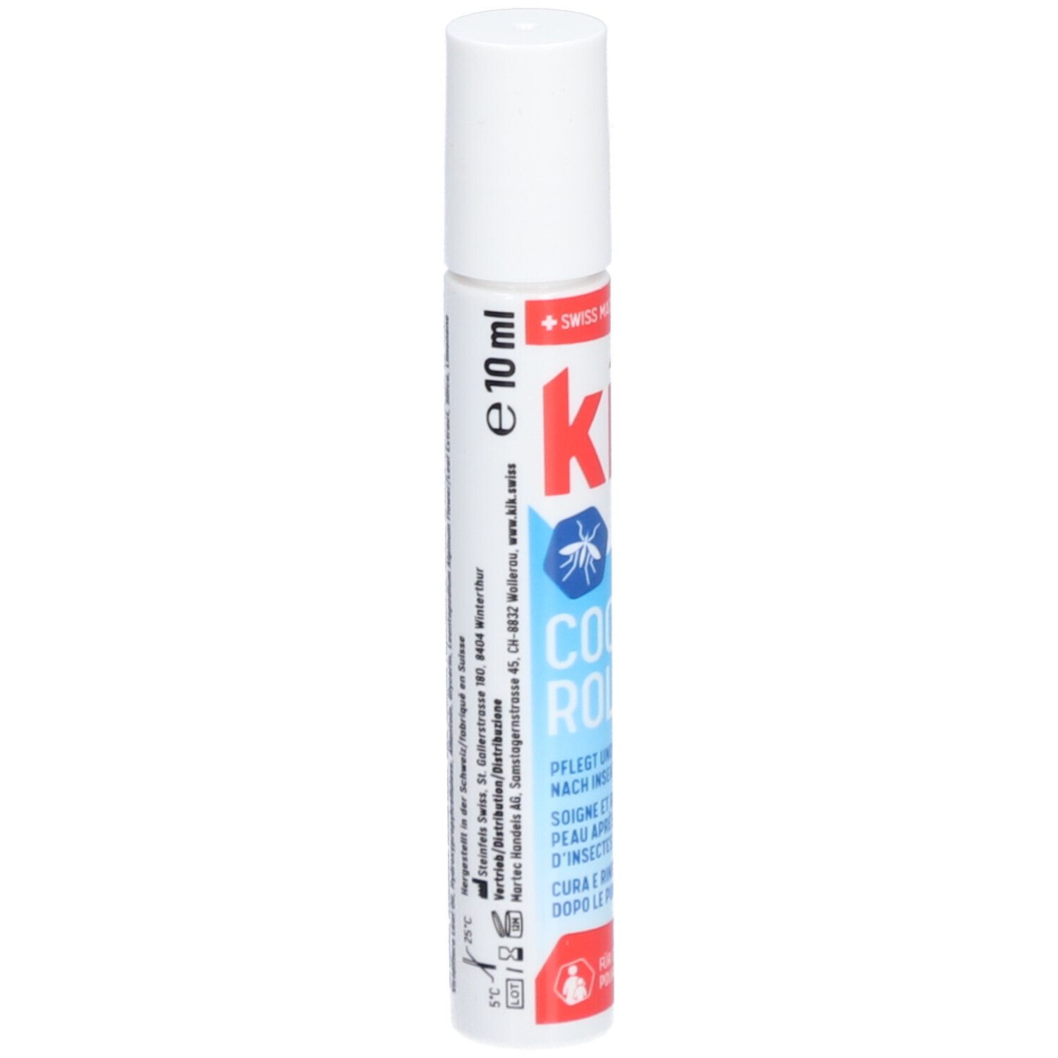 Weißer Roll-on-Behälter mit roter und blauer Beschriftung. Text: After Bite, Cooling Roll-on, 10 ml.
