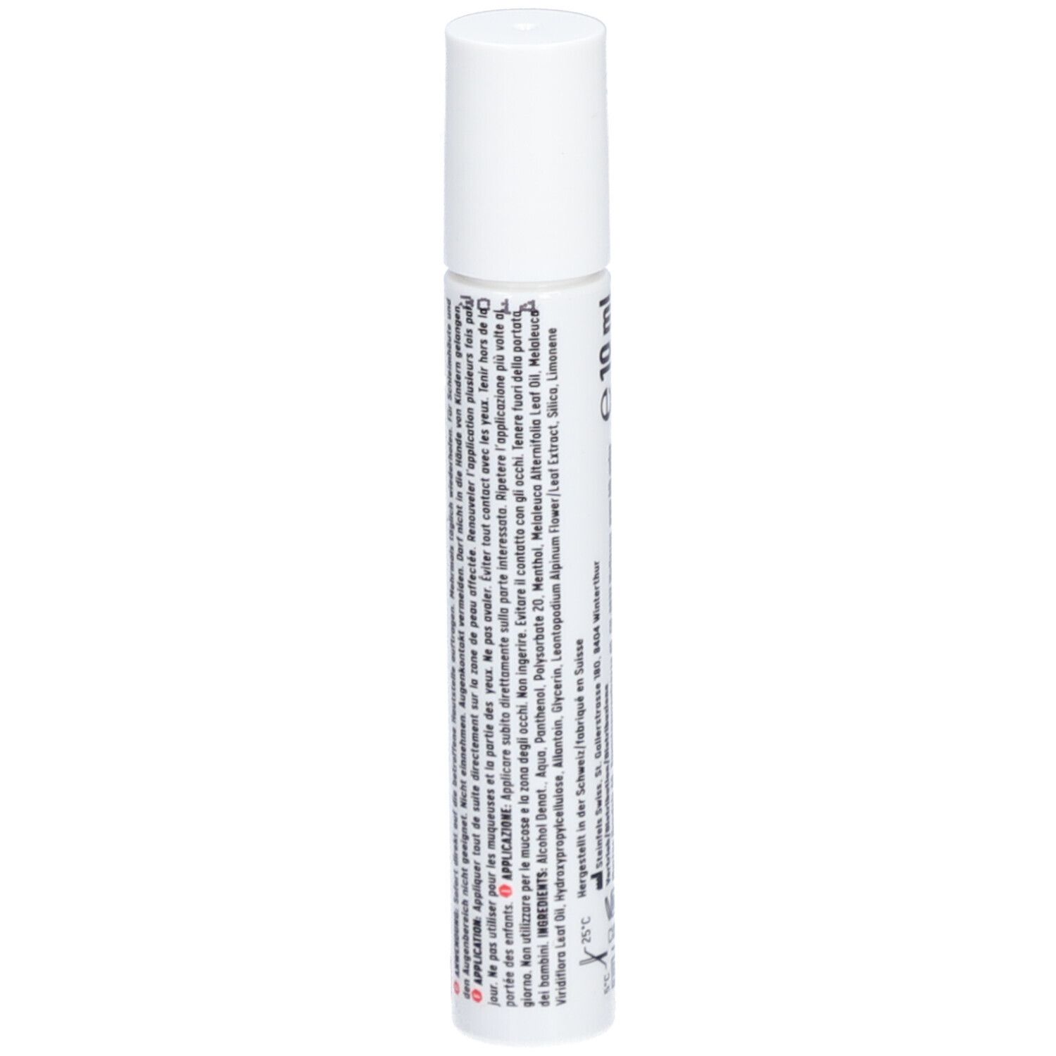 Weißer Roll-on-Behälter mit Text. Text: Anwendung, Inhaltsstoffe. Warnhinweis.