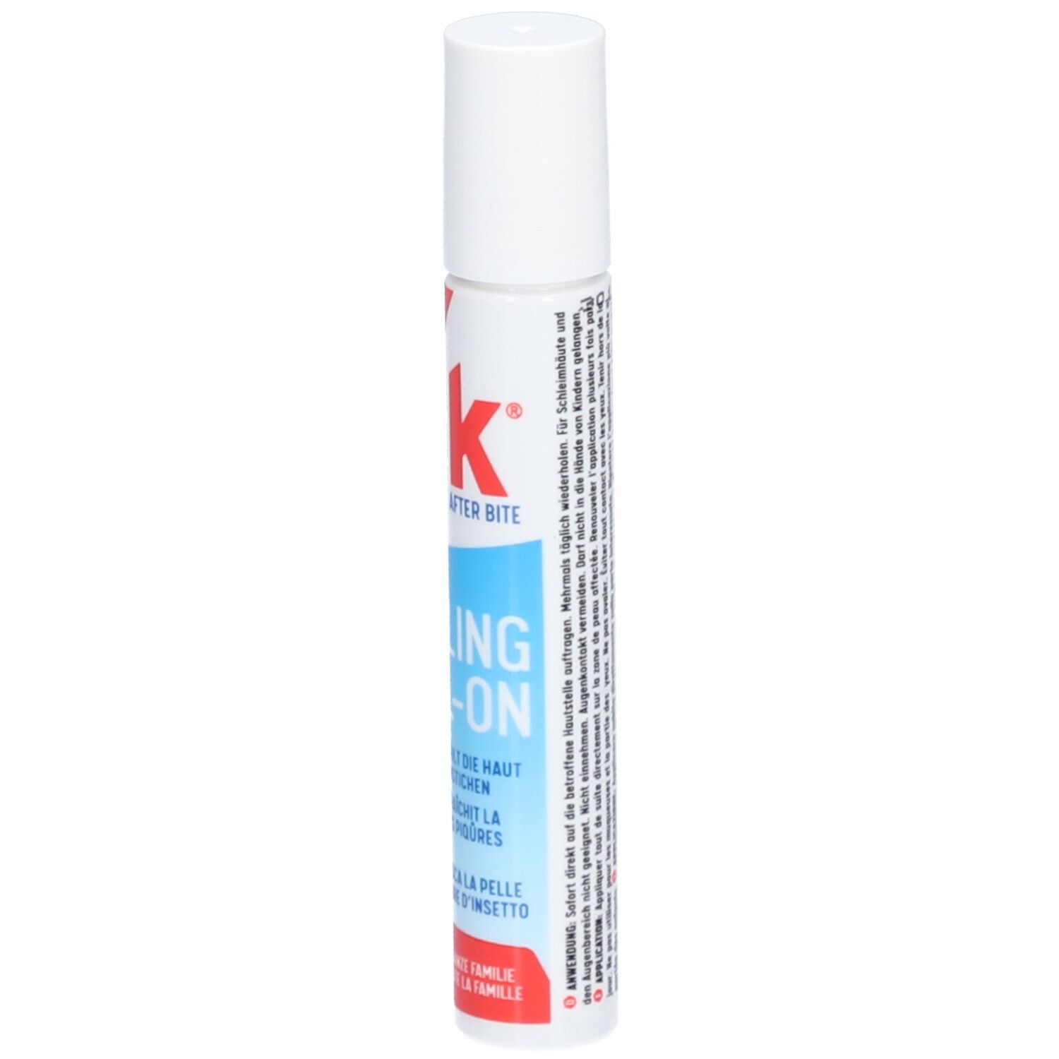 Weißer Roll-on-Behälter mit roter und blauer Beschriftung. Text: After Bite, Cooling Roll-on.