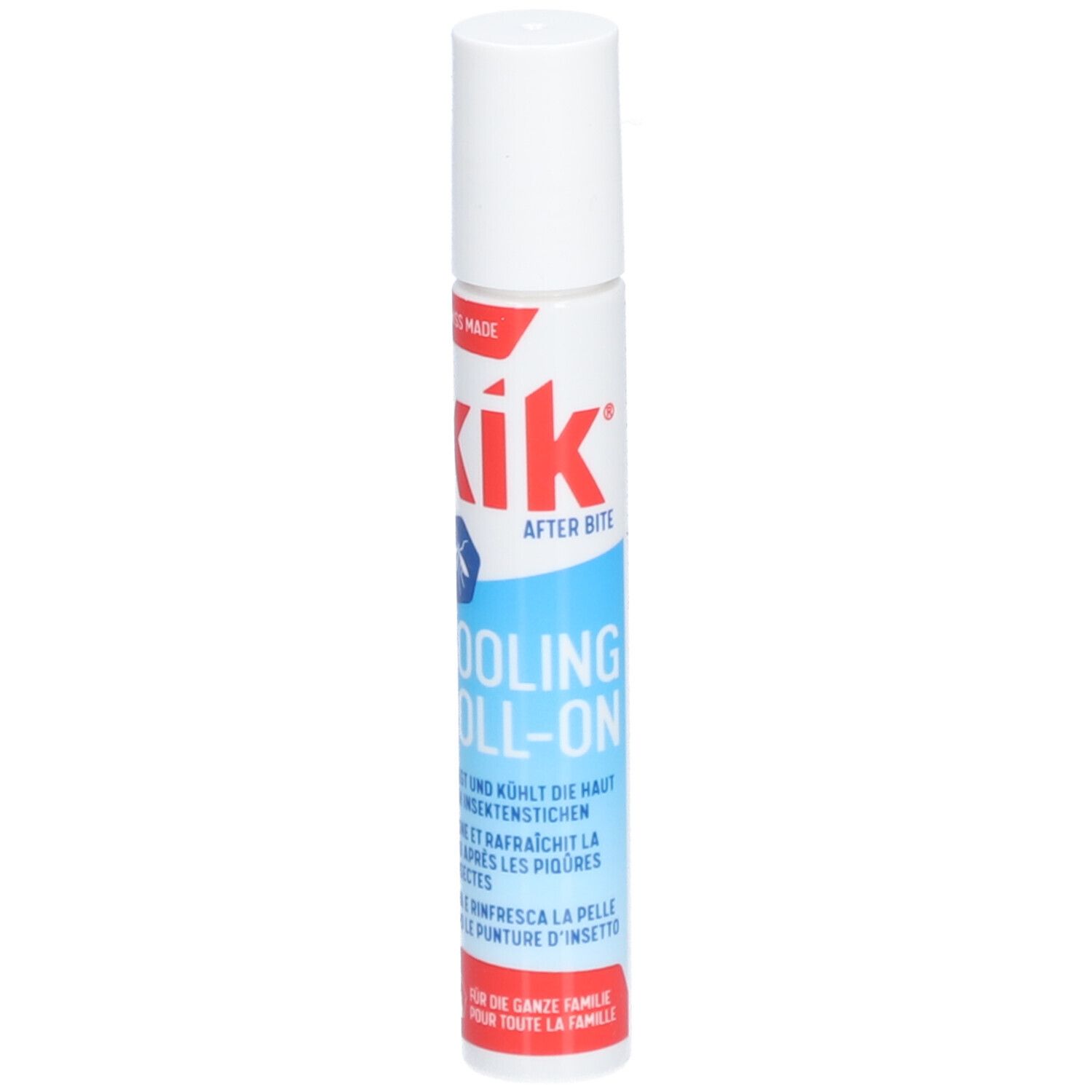 Weißer Roll-on-Behälter mit roter und blauer Beschriftung. Text: After Bite, Cooling Roll-on.