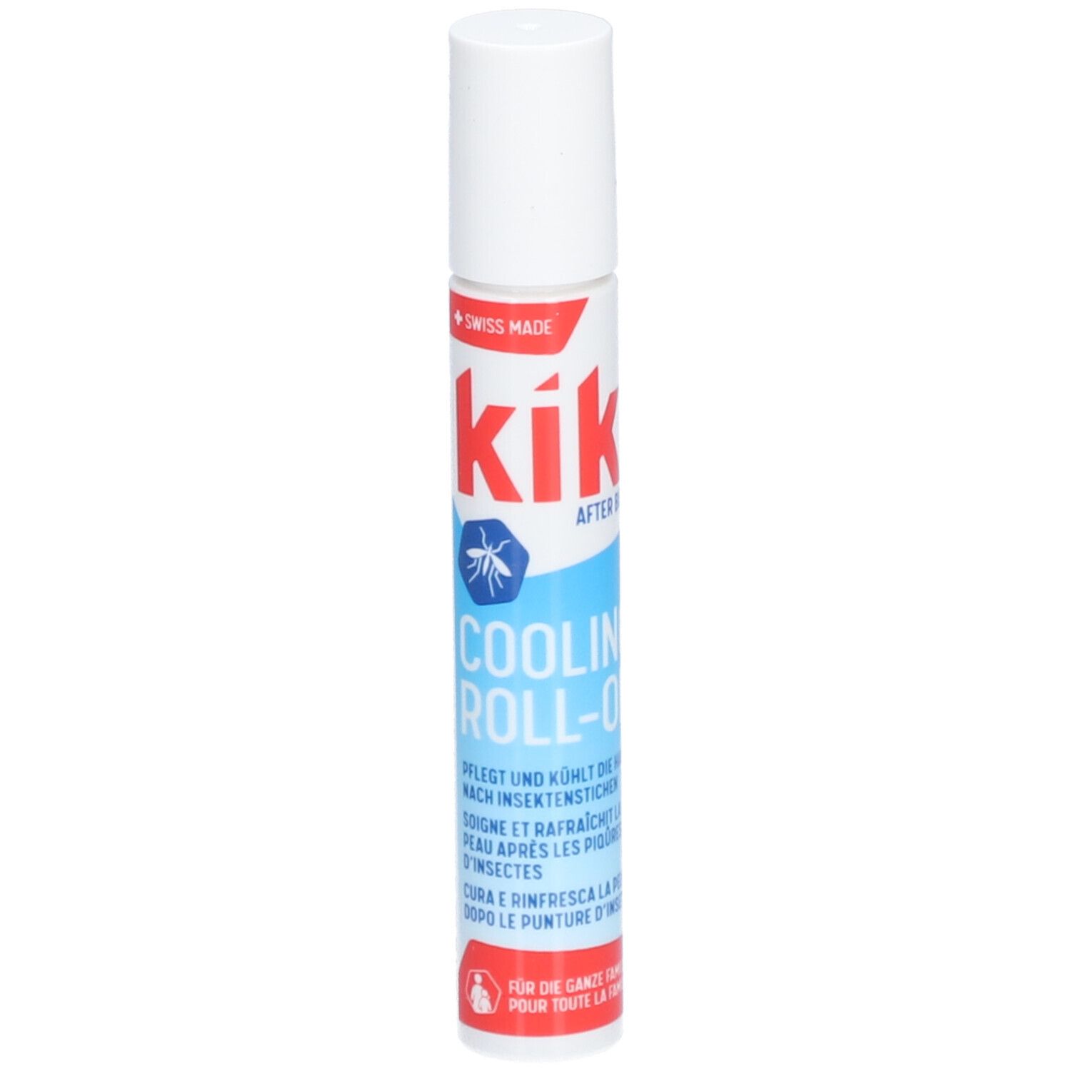 Weißer Roll-on-Behälter mit roter und blauer Beschriftung. Text: After Bite, Cooling Roll-on.