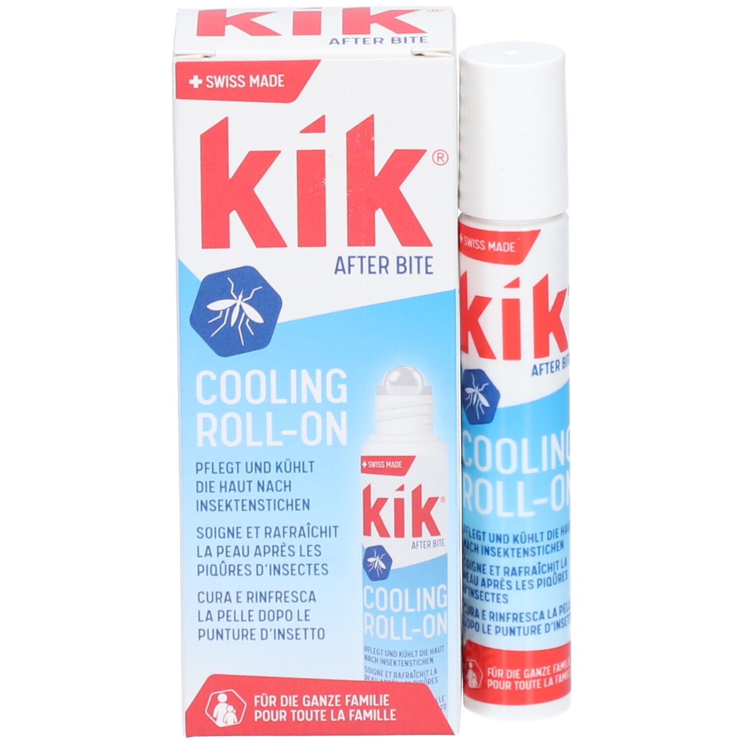 Produktverpackung mit Roll-on-Behälter. Text: After Bite, Cooling Roll-on. Swiss Made.