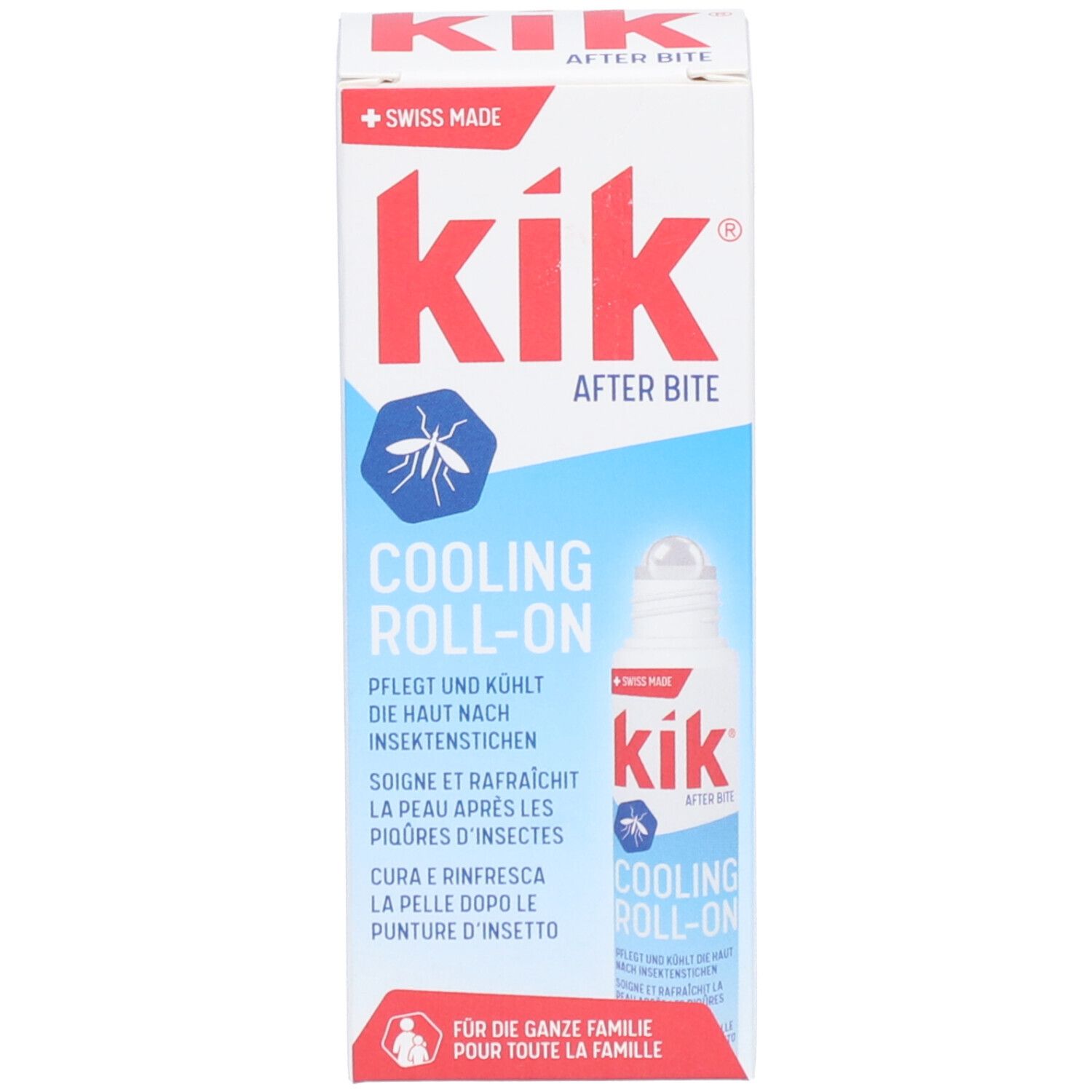 Produktverpackung mit Roll-on-Behälter. Text: After Bite, Cooling Roll-on. Swiss Made.