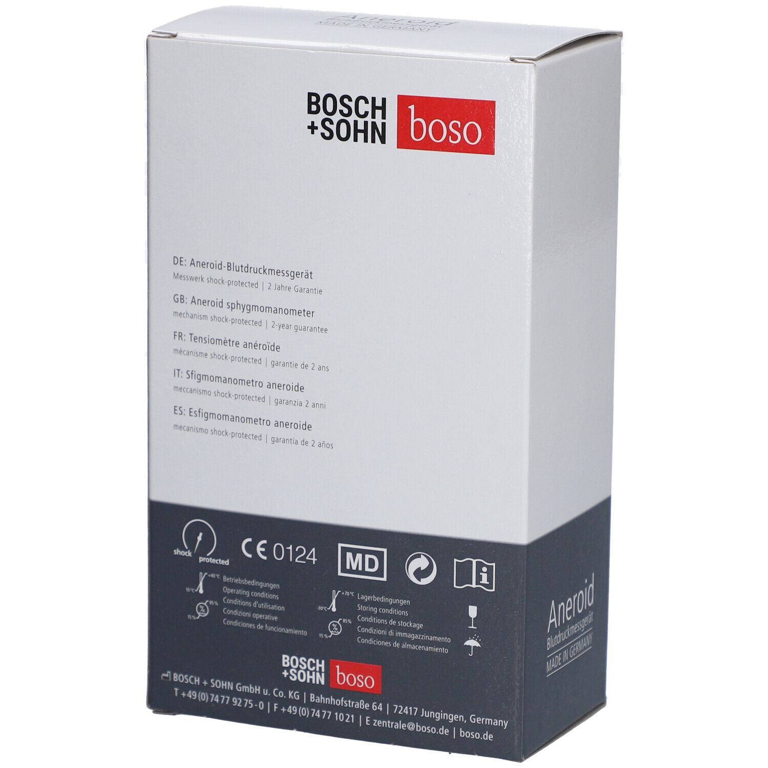 Verpackungsrückseite. Text in mehreren Sprachen. CE-Kennzeichnung. Marke Bosch+Sohn boso. Made in Germany.