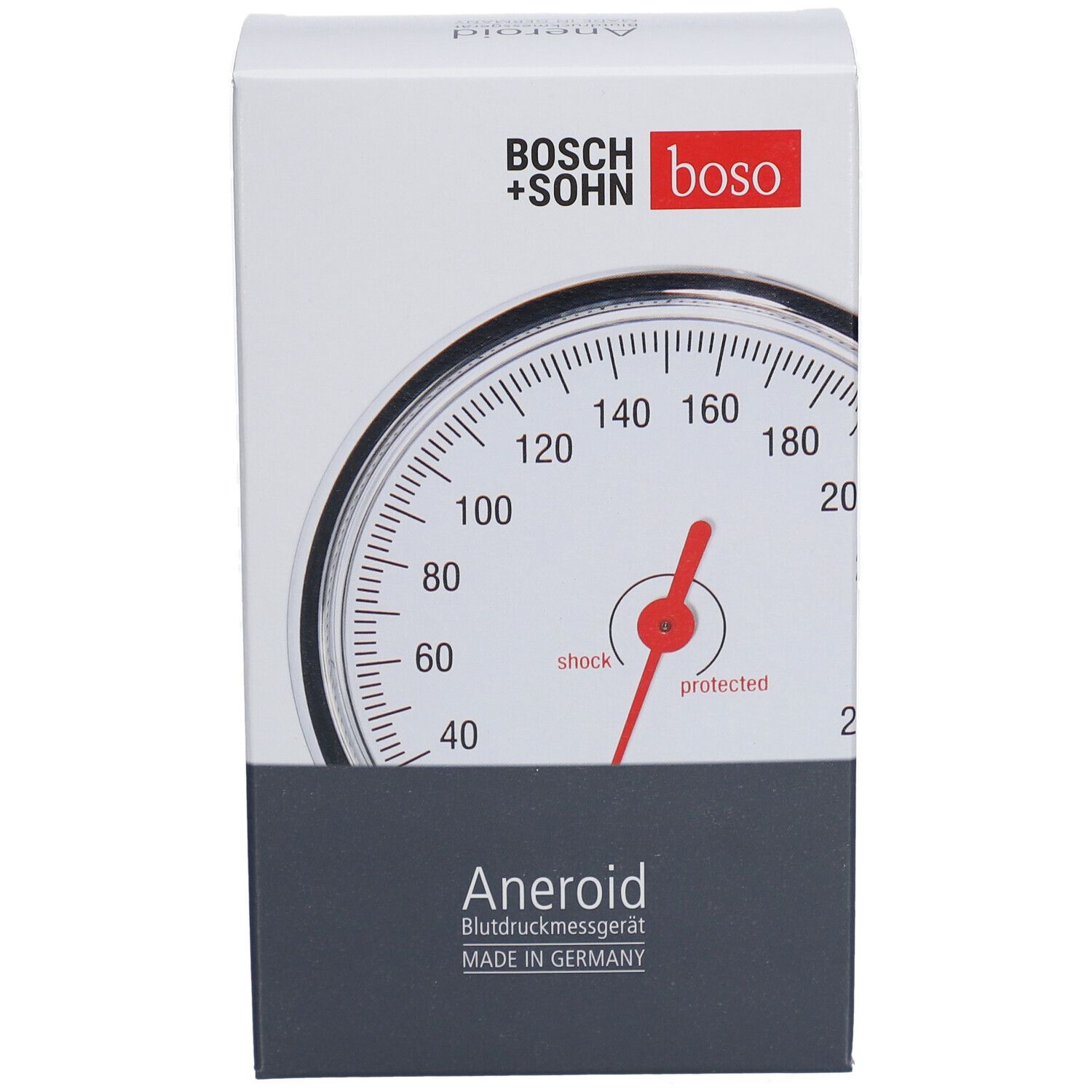 Verpackung mit Anzeigetafel. Marke Bosch+Sohn boso. Zifferblatt mit rotem Zeiger. Made in Germany.