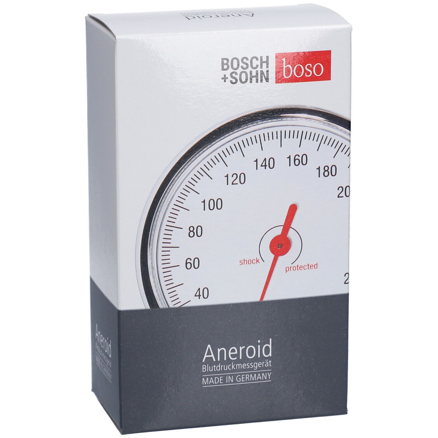 Verpackung mit Anzeigetafel. Marke Bosch+Sohn boso. Zifferblatt mit rotem Zeiger. Made in Germany.