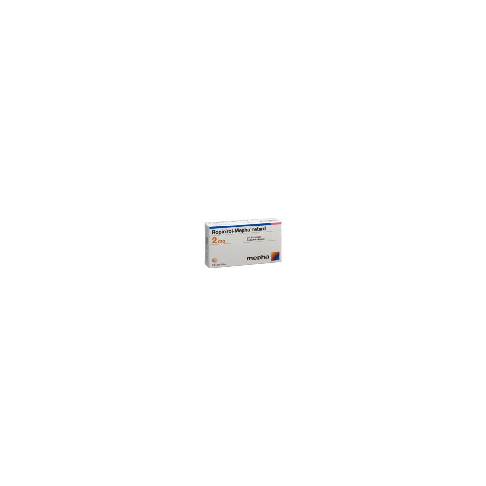 Blisterpackung mit Medikamenten. Aufschrift: Ropinirol Mepha retard 2 mg. Marke: mepha.