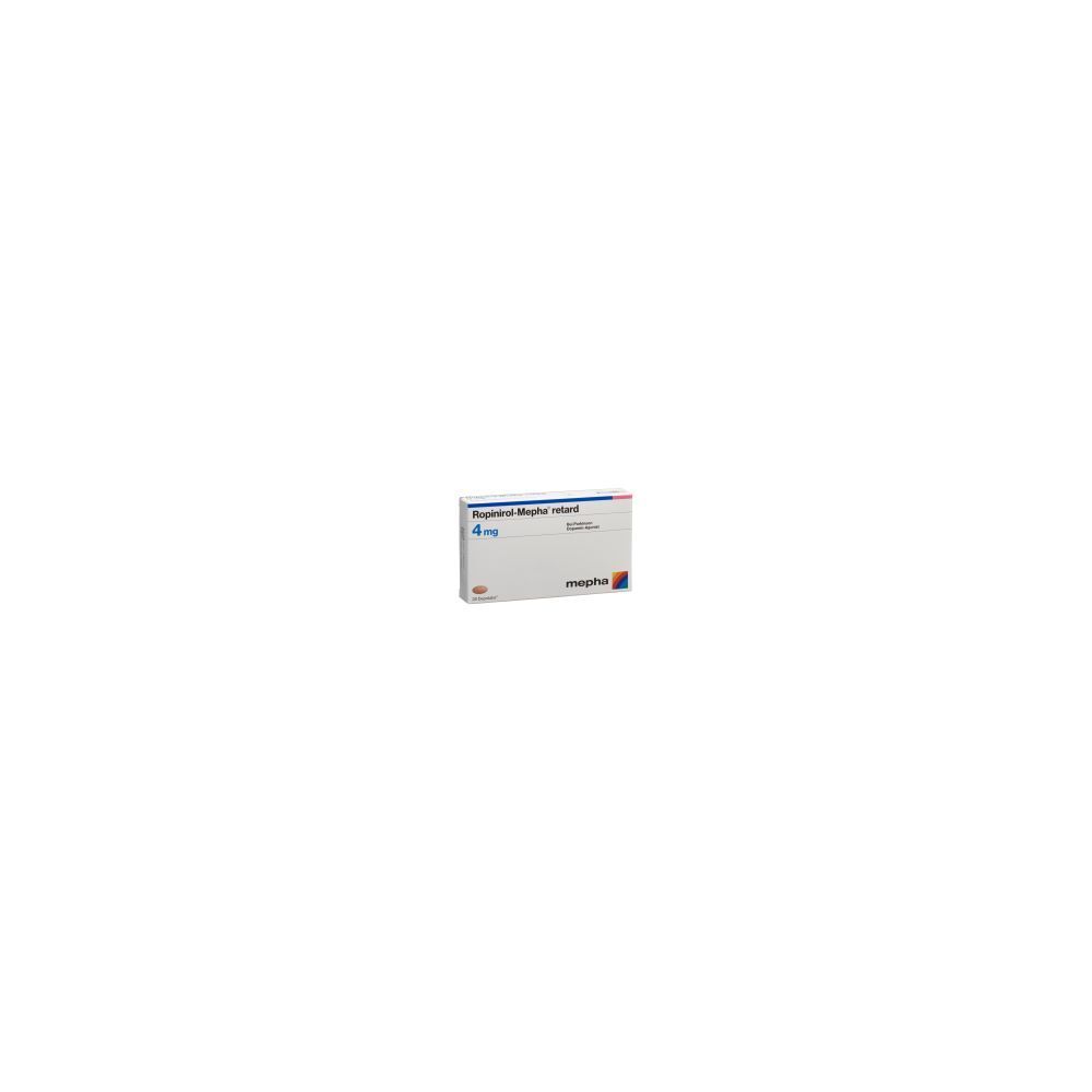 Karton mit Medikamenten. Aufschrift: Ropinirol Mepha retard 4 mg. Herstellerlogo Mepha.