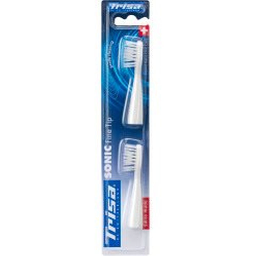 Zwei weiße Aufsteckbürsten in Blisterverpackung. Marke Trisa, Schriftzug Sonic Fine Tip.
