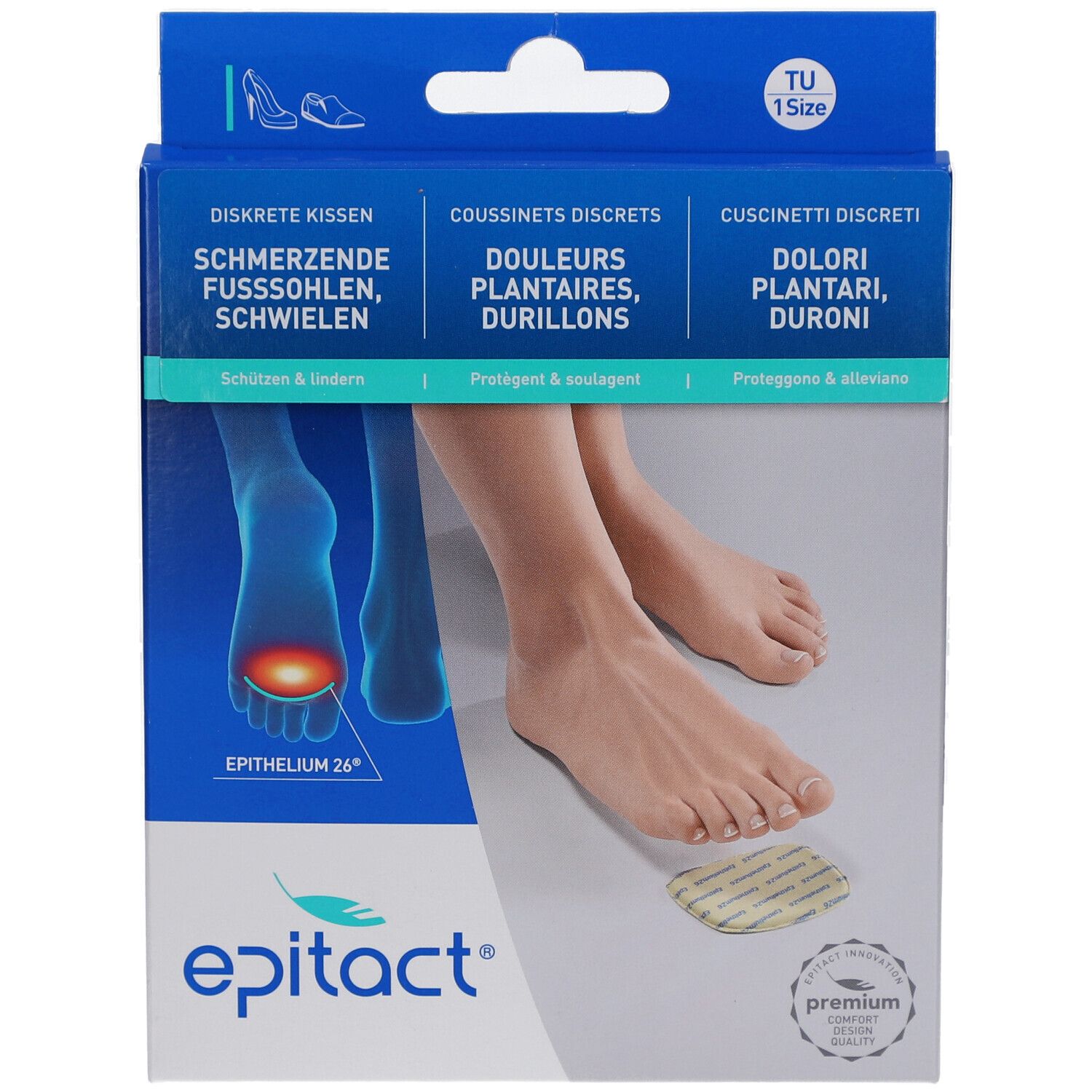 Emballage EPITACT. Nom du produit et textes en allemand, français et italien. Pieds et produit représentés.