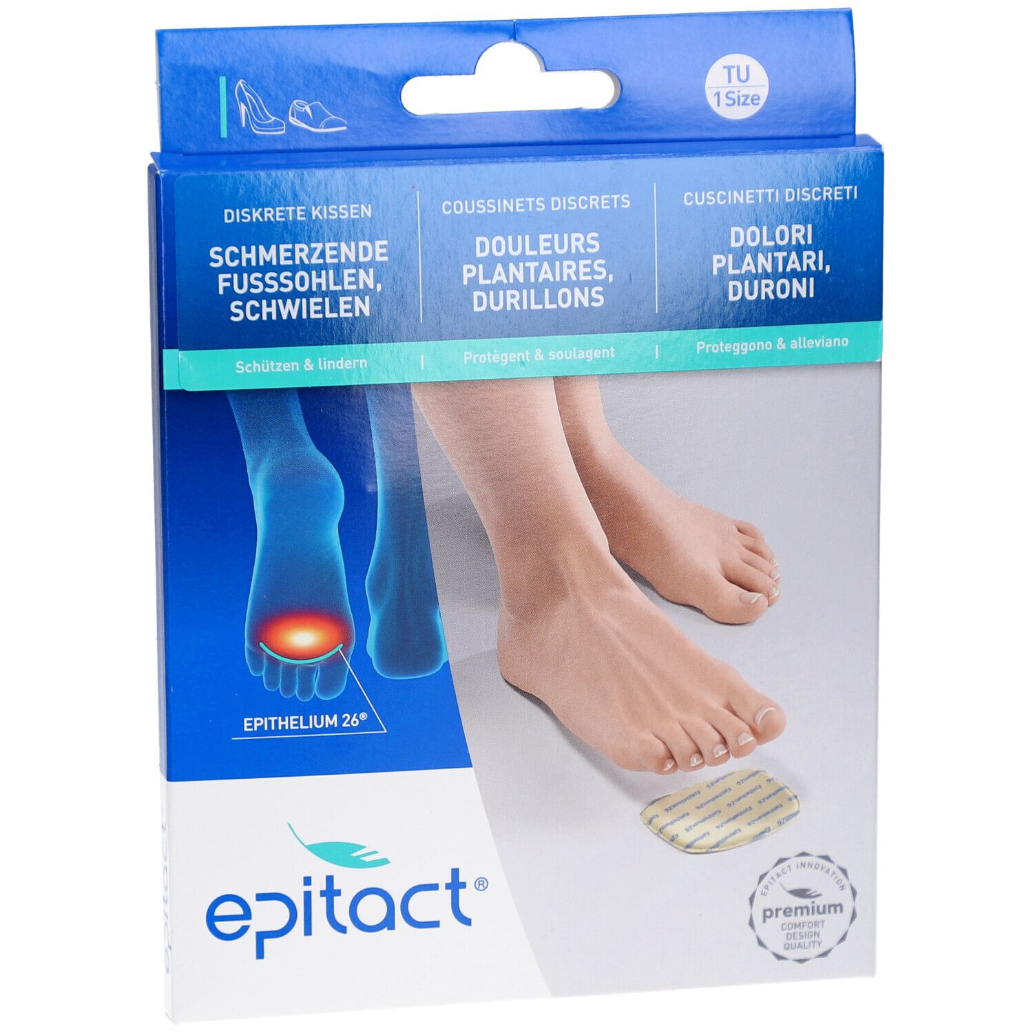 Emballage EPITACT. Nom du produit et textes en allemand, français et italien. Pieds et produit représentés.