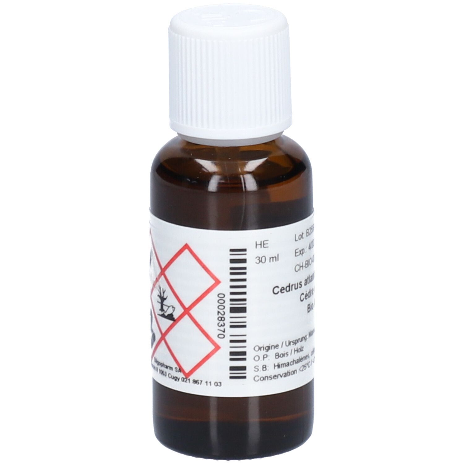 Braune Glasflasche mit weißem Verschluss. Etikett mit Gefahrensymbolen und Produktinformationen. 30 ml.