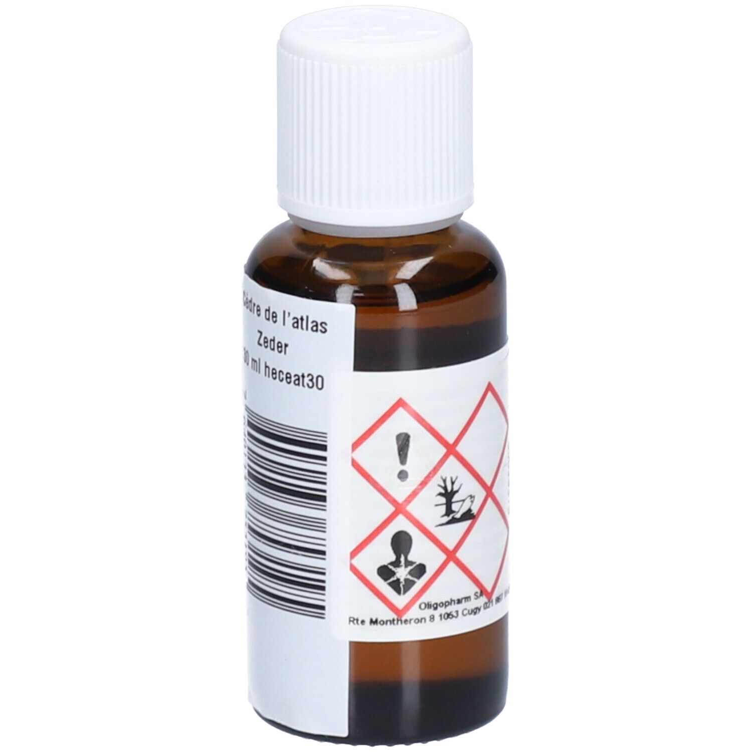 Braune Glasflasche mit weißem Verschluss. Etikett mit Gefahrensymbolen und Produktinformationen. 30 ml.