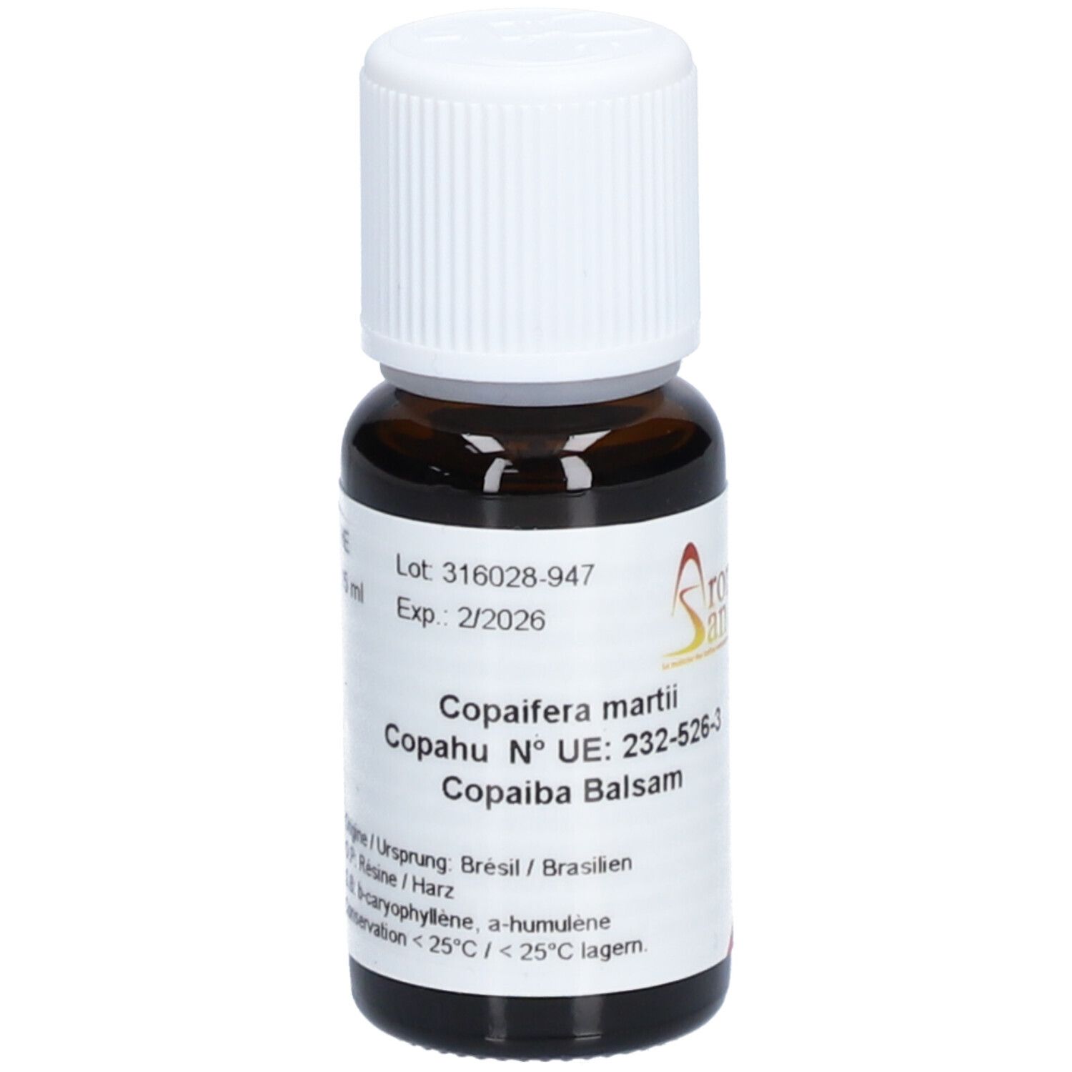 Braune Glasflasche mit weißem Deckel. Etikett mit Produktinformationen: Copaiba Balsam, Chargennummer, Verfallsdatum. Aromasan Logo.